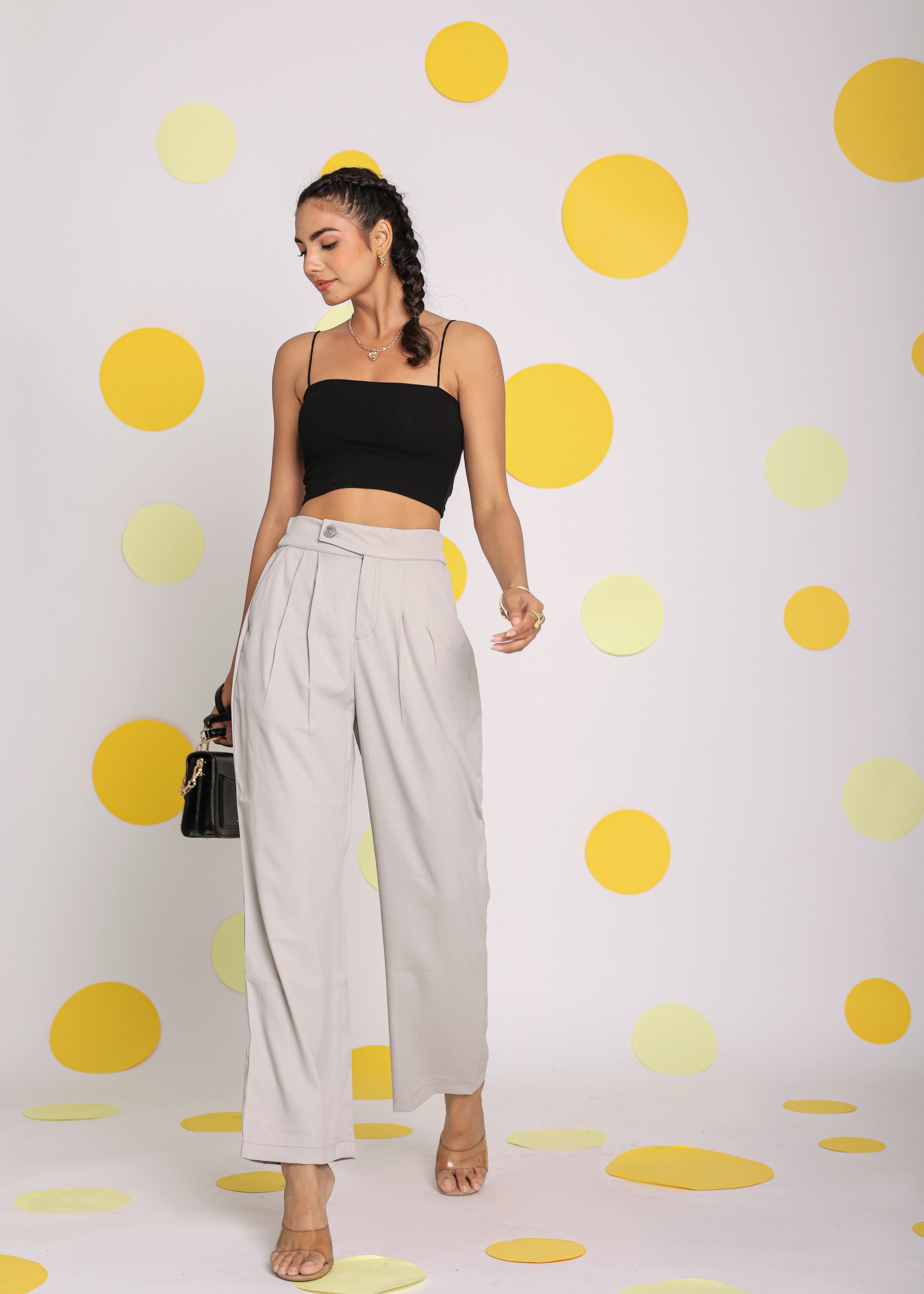 Solid Ash Gray Relaxed Wide Legs Lycra Twill High Waist Korean Pants - Kaoribyshreya