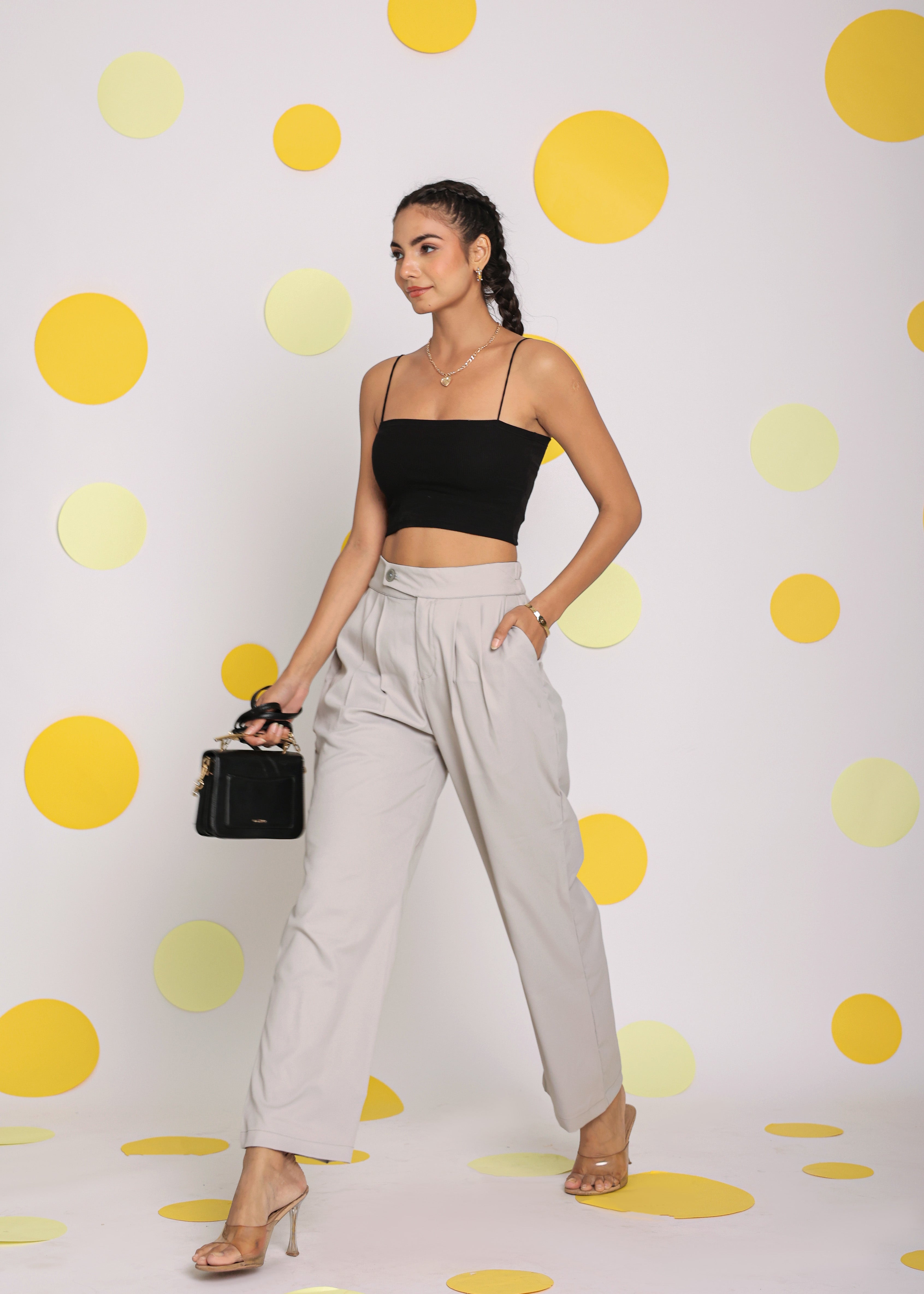 Solid Ash Gray Relaxed Wide Legs Lycra Twill High Waist Korean Pants - Kaoribyshreya