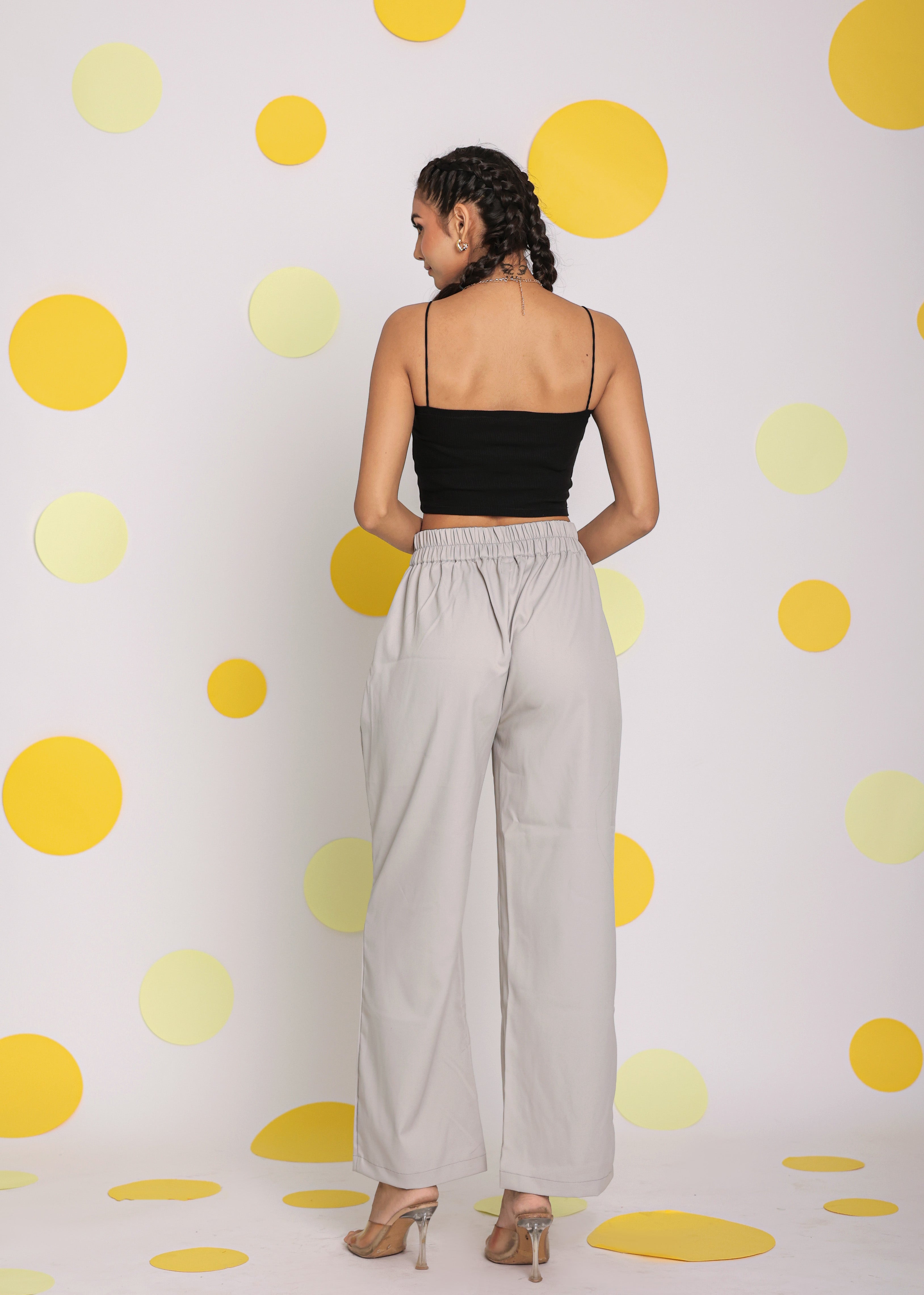 Solid Ash Gray Relaxed Wide Legs Lycra Twill High Waist Korean Pants - Kaoribyshreya