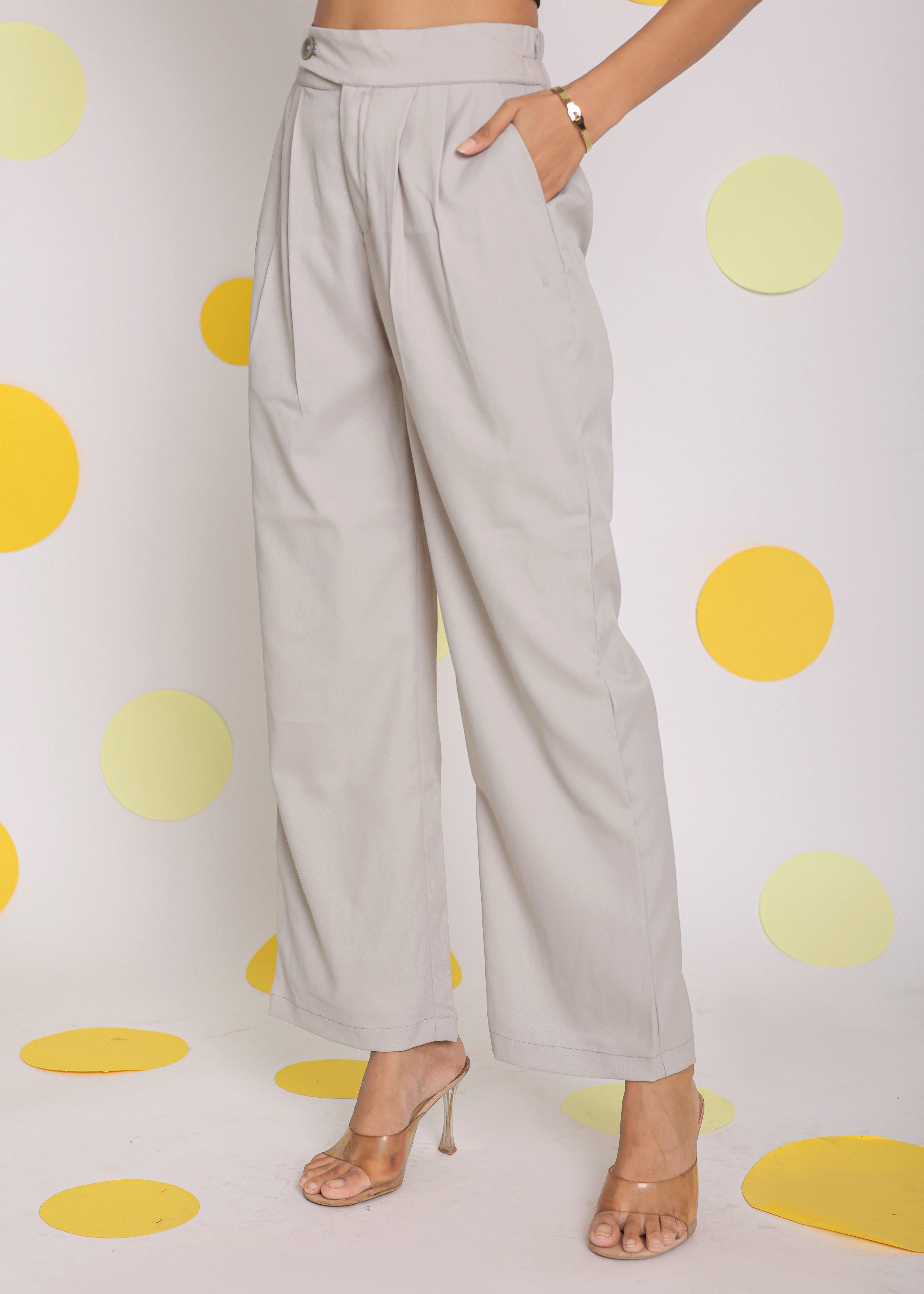 Solid Ash Gray Relaxed Wide Legs Lycra Twill High Waist Korean Pants - Kaoribyshreya