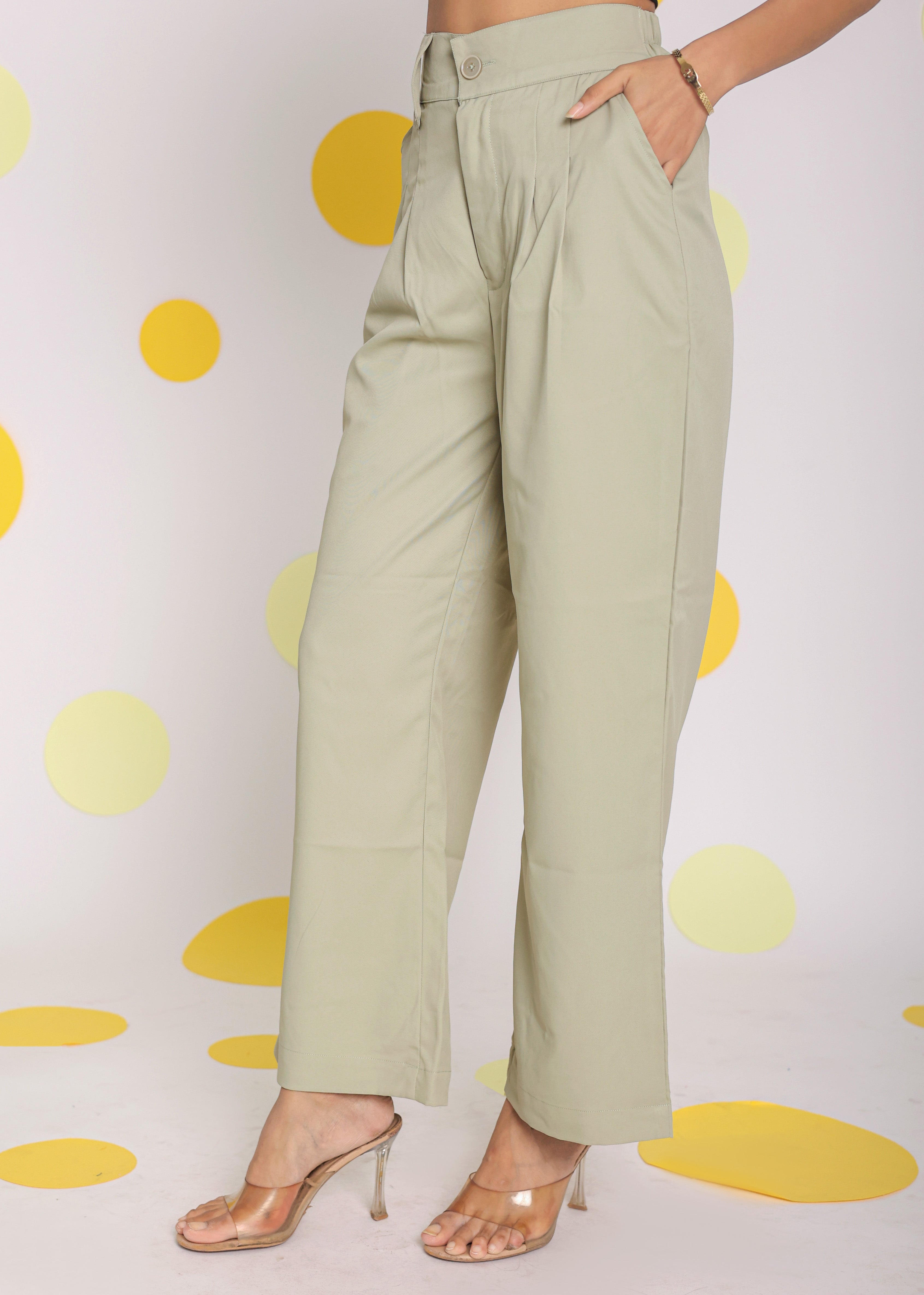 Solid light Pistachio Green Relaxed Wide Legs Lycra Twill High Waist Korean Pants - Kaoribyshreya