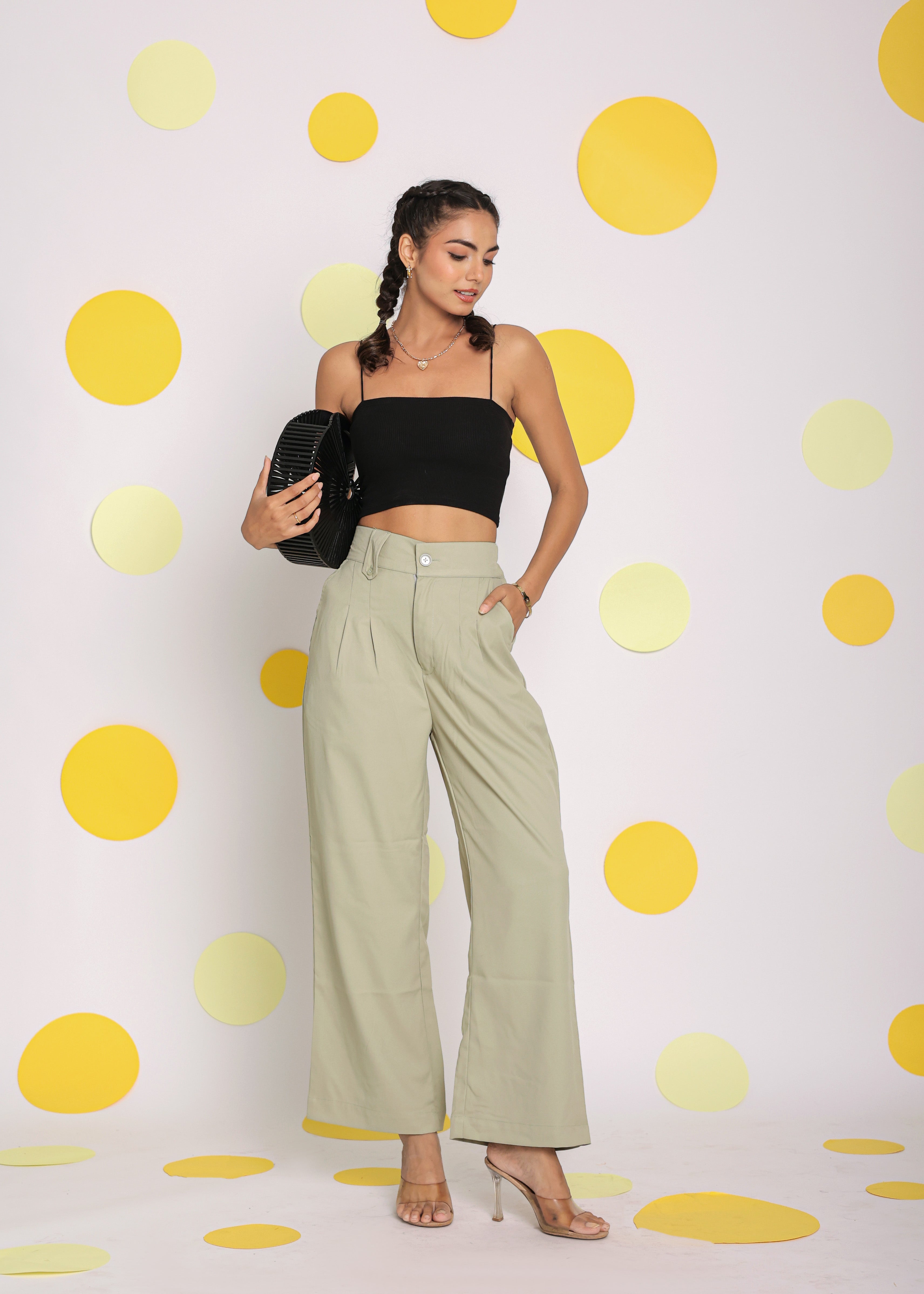 Solid light Pistachio Green Relaxed Wide Legs Lycra Twill High Waist Korean Pants - Kaoribyshreya