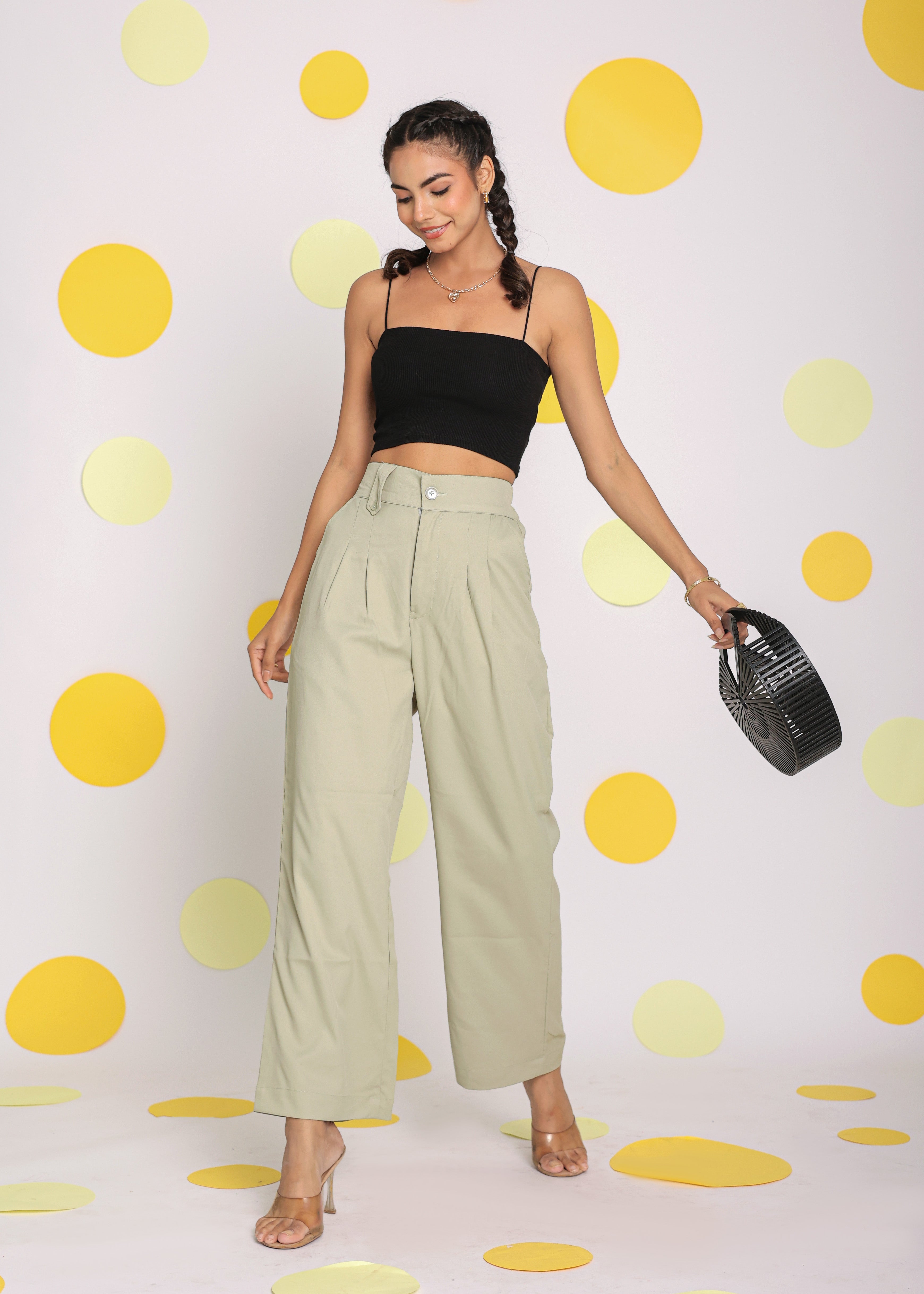 Solid light Pistachio Green Relaxed Wide Legs Lycra Twill High Waist Korean Pants - Kaoribyshreya