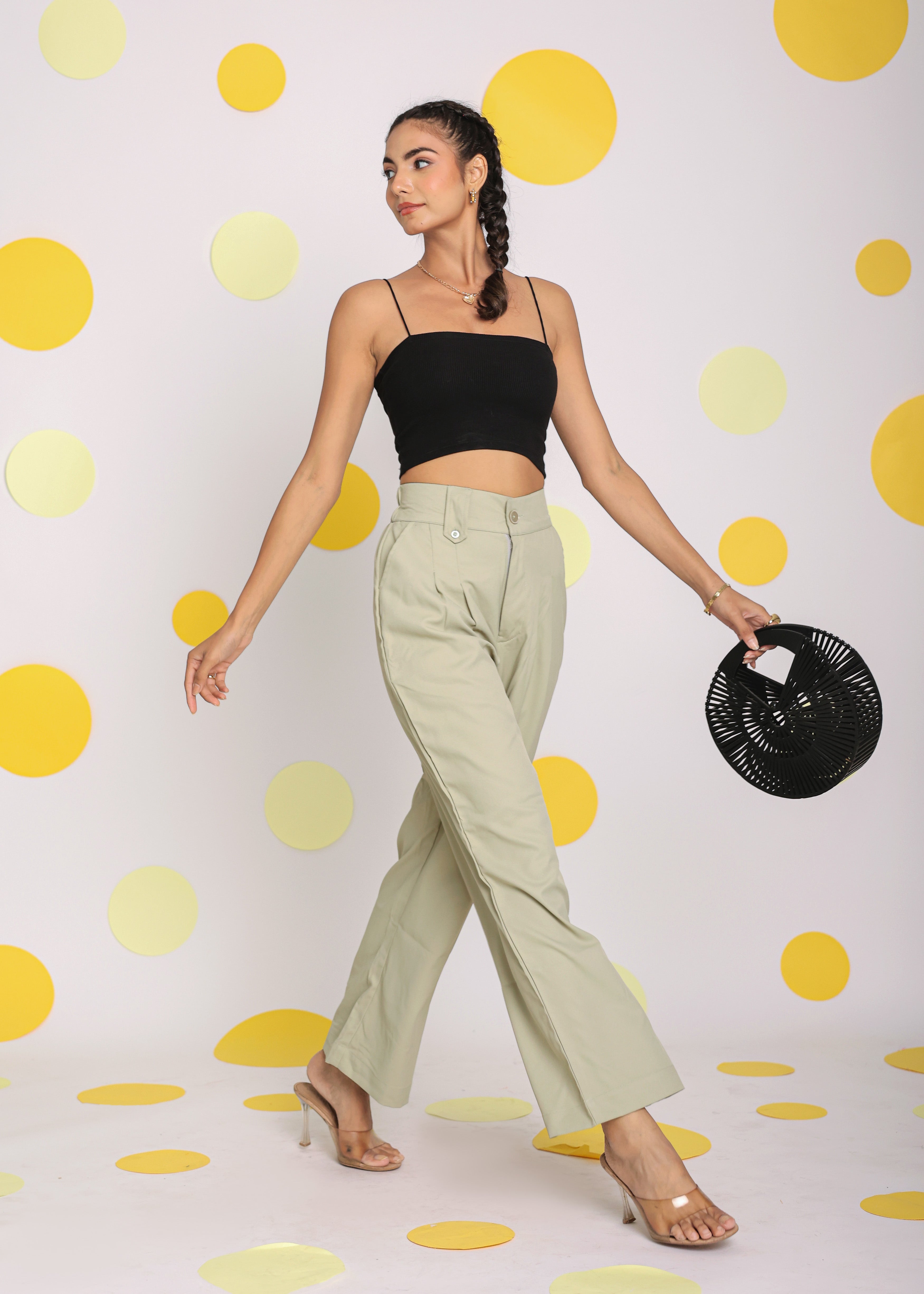 Solid light Pistachio Green Relaxed Wide Legs Lycra Twill High Waist Korean Pants - Kaoribyshreya