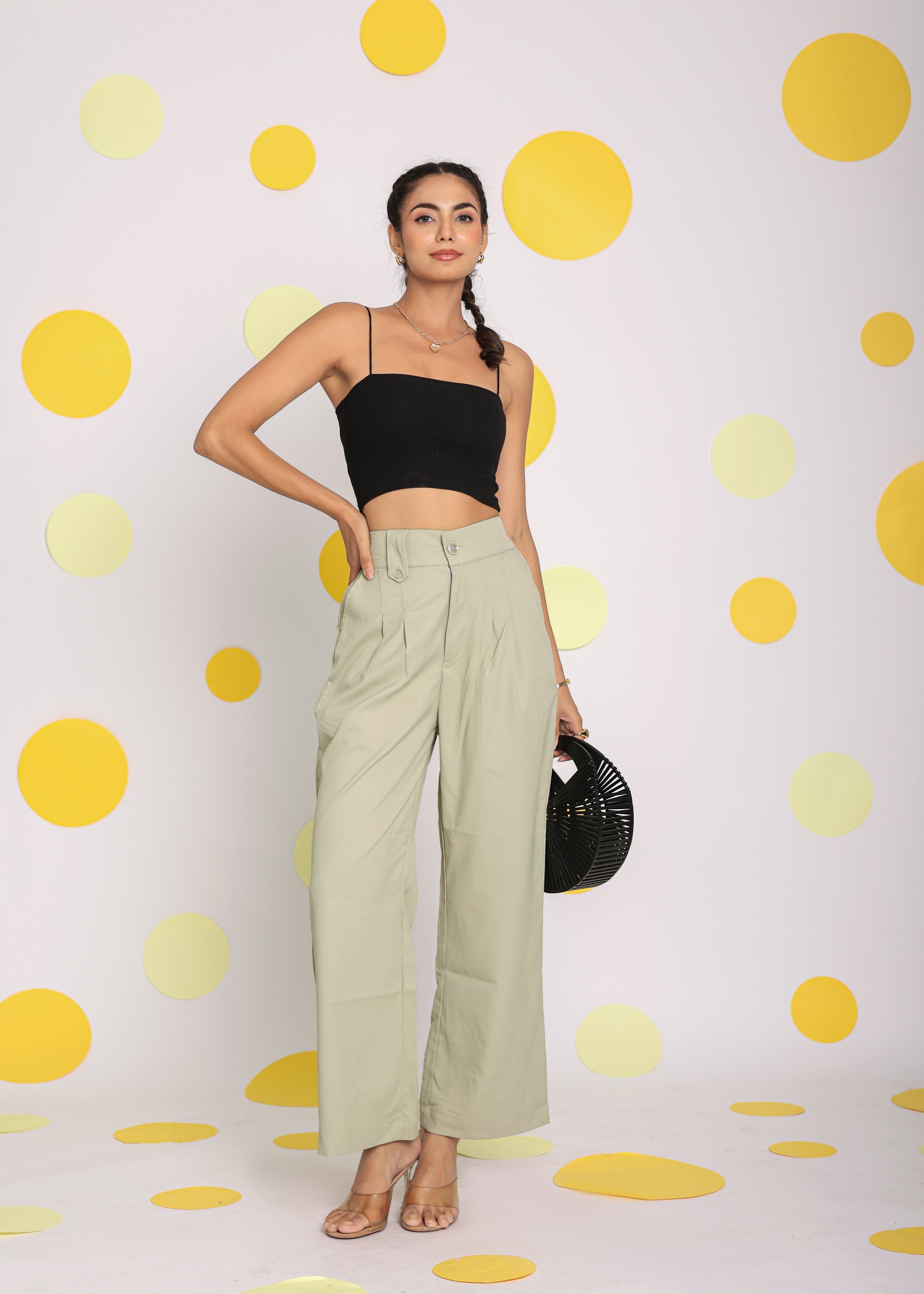 Solid light Pistachio Green Relaxed Wide Legs Lycra Twill High Waist Korean Pants - Kaoribyshreya