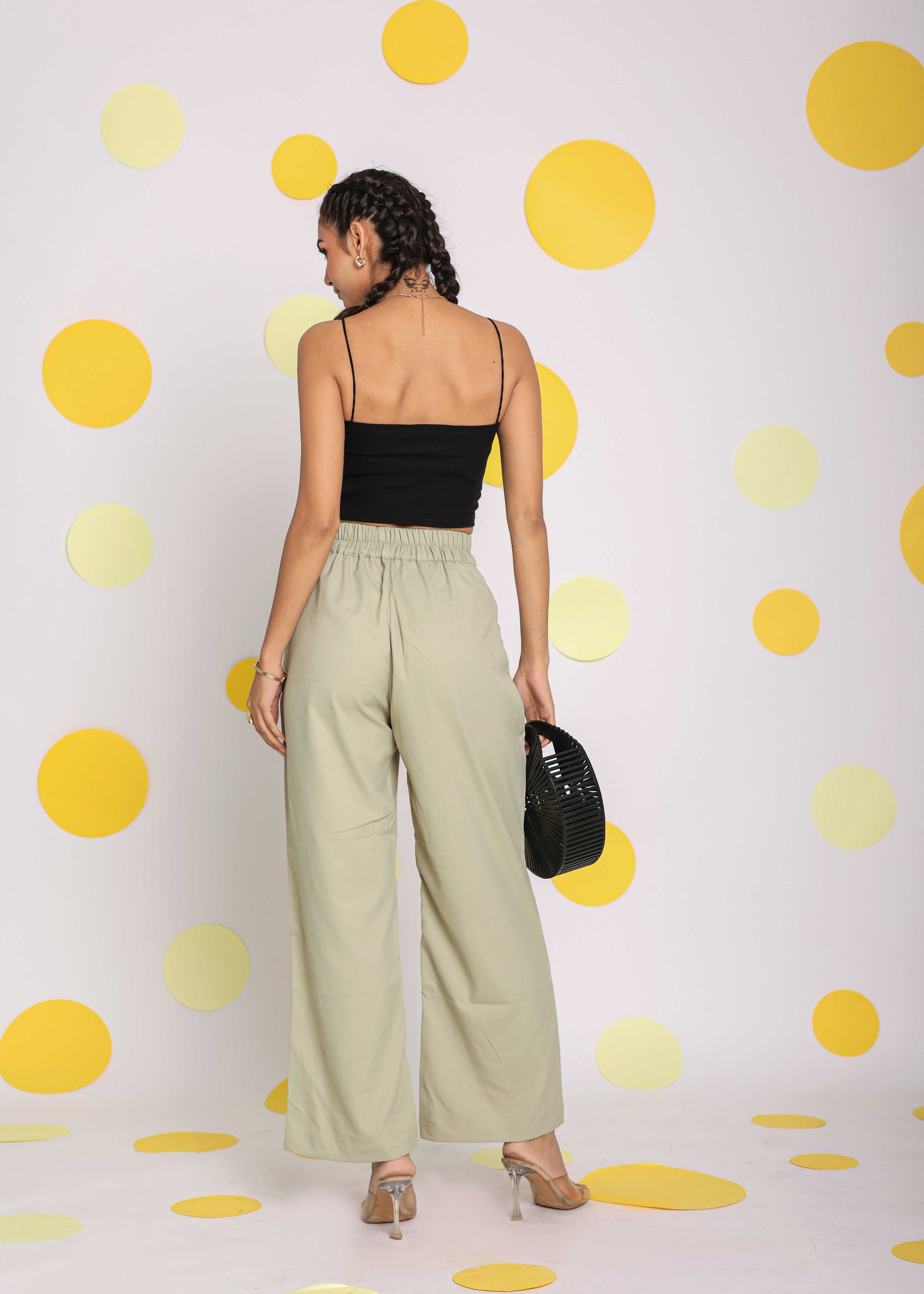 Solid light Pistachio Green Relaxed Wide Legs Lycra Twill High Waist Korean Pants - Kaoribyshreya
