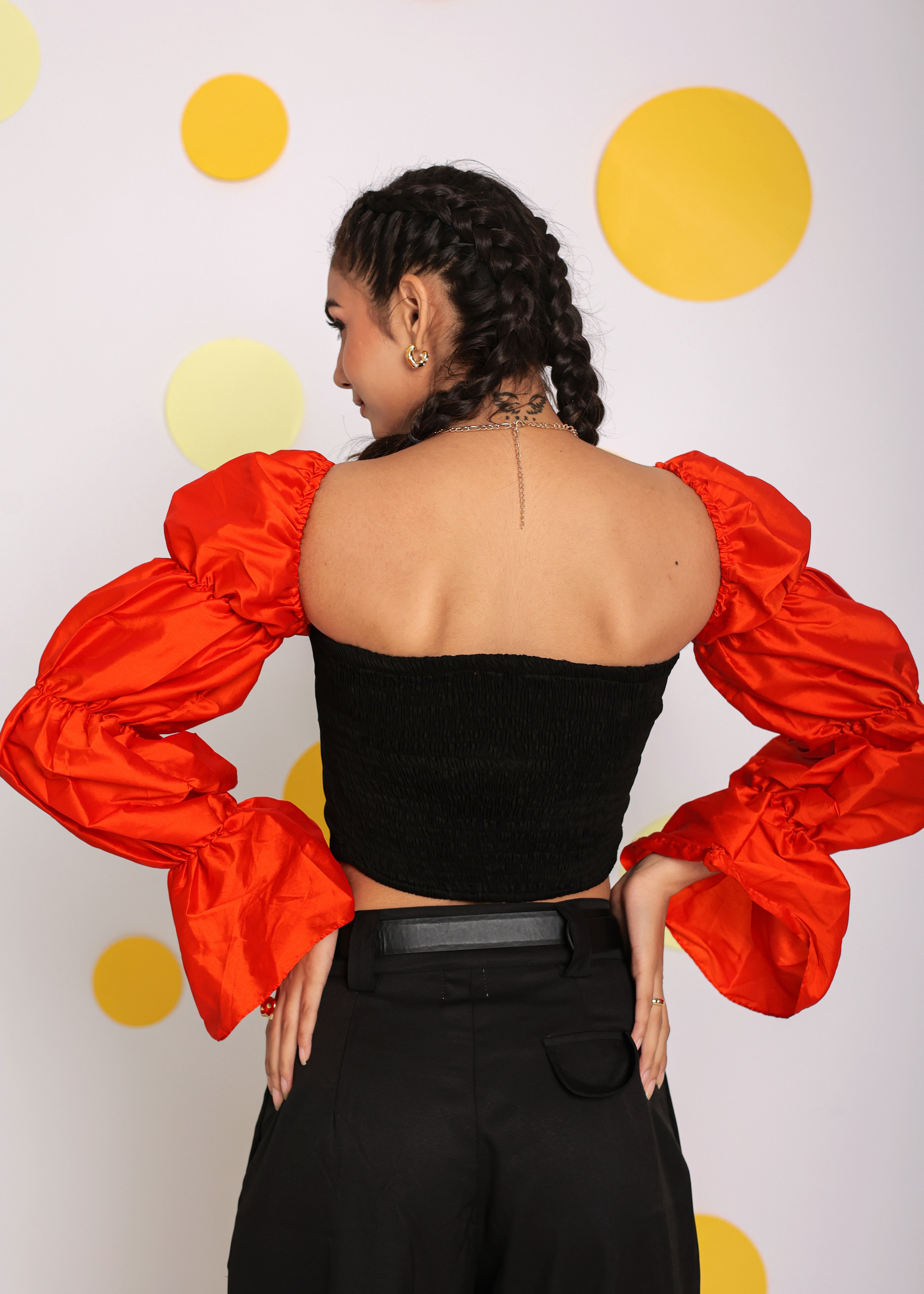 Black and Orange Statement Puff Sleeves Top with Front Tie Crop Top - Kaoribyshreya