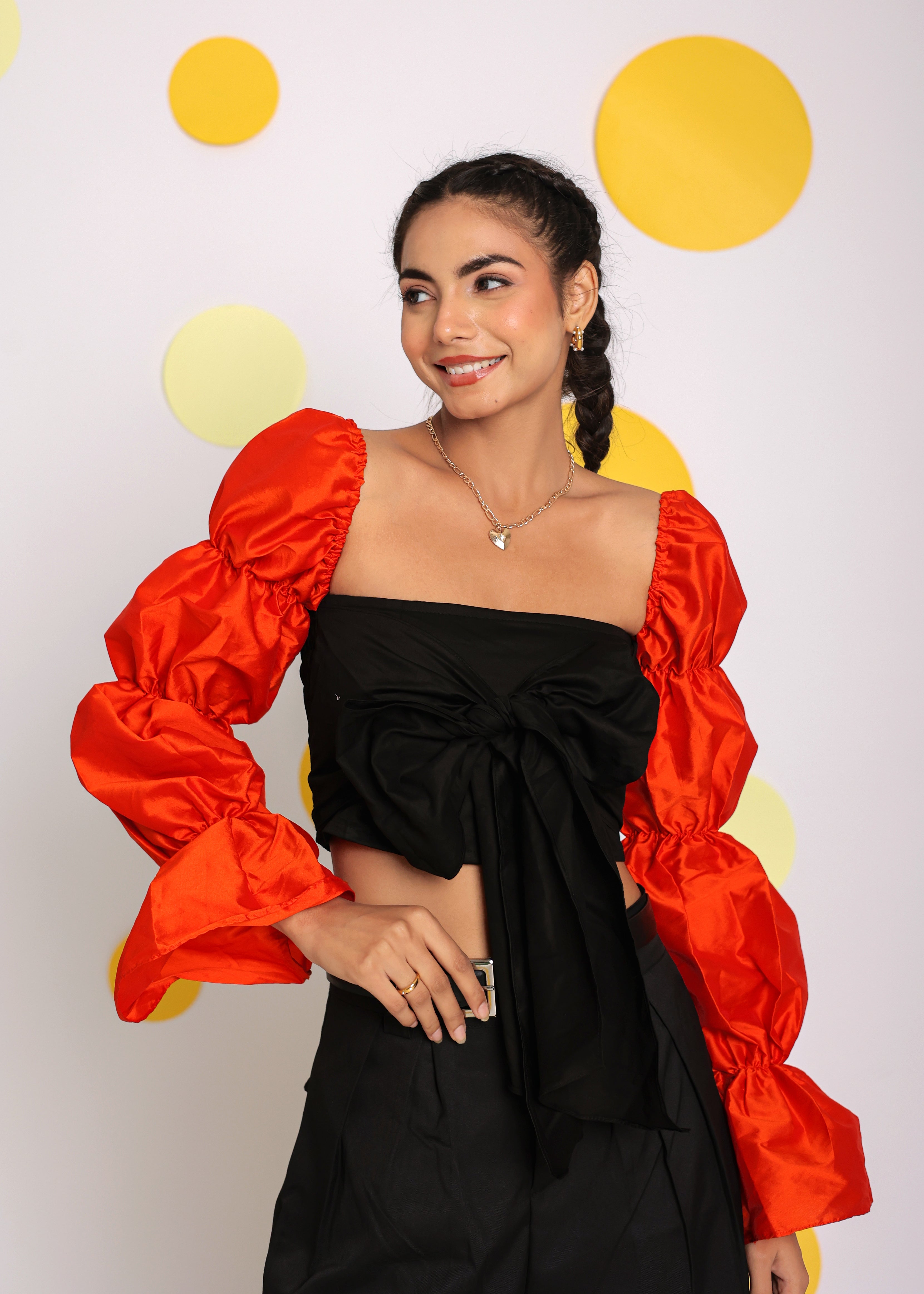 Black and Orange Statement Puff Sleeves Top with Front Tie Crop Top - Kaoribyshreya