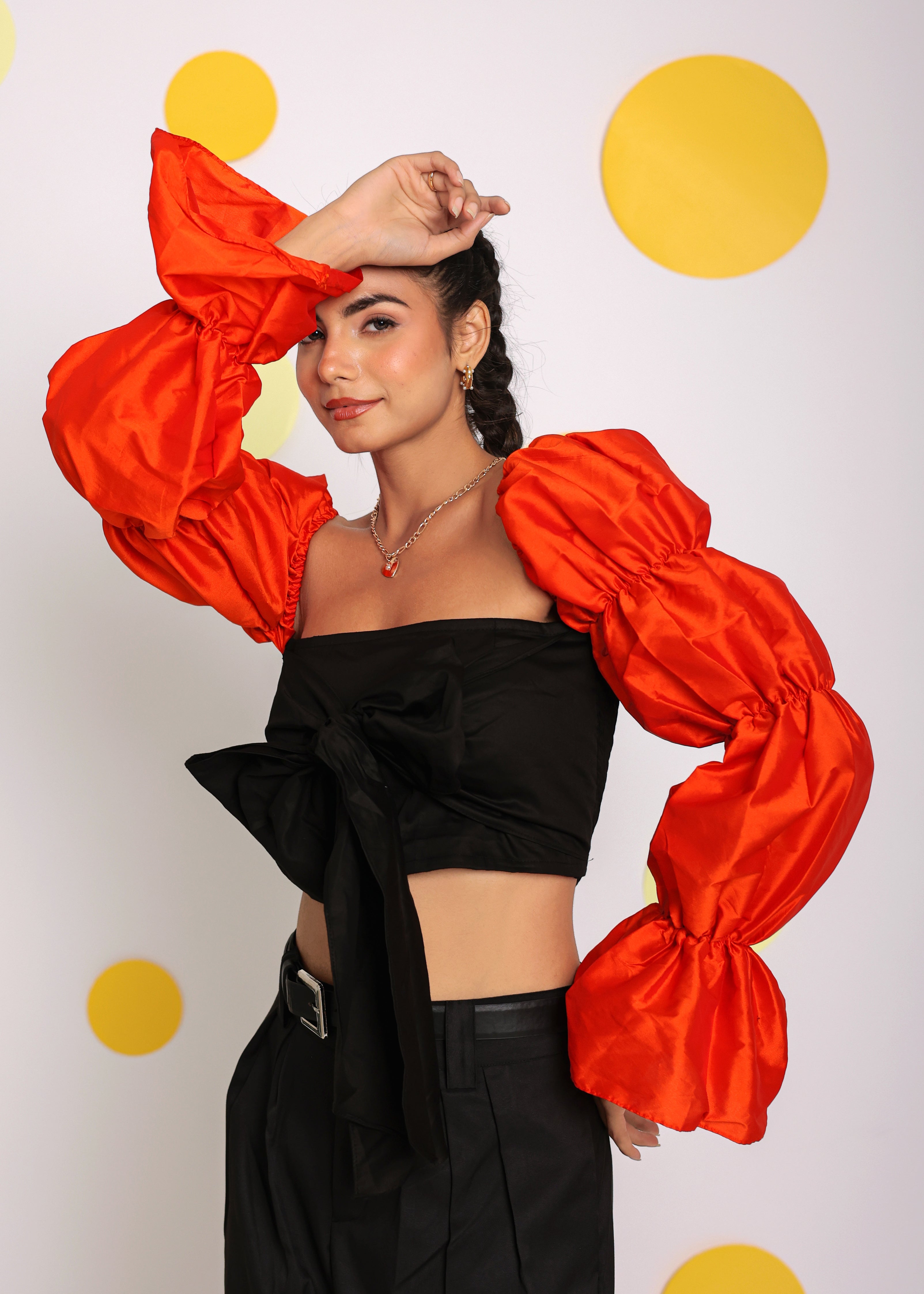 Black and Orange Statement Puff Sleeves Top with Front Tie Crop Top - Kaoribyshreya