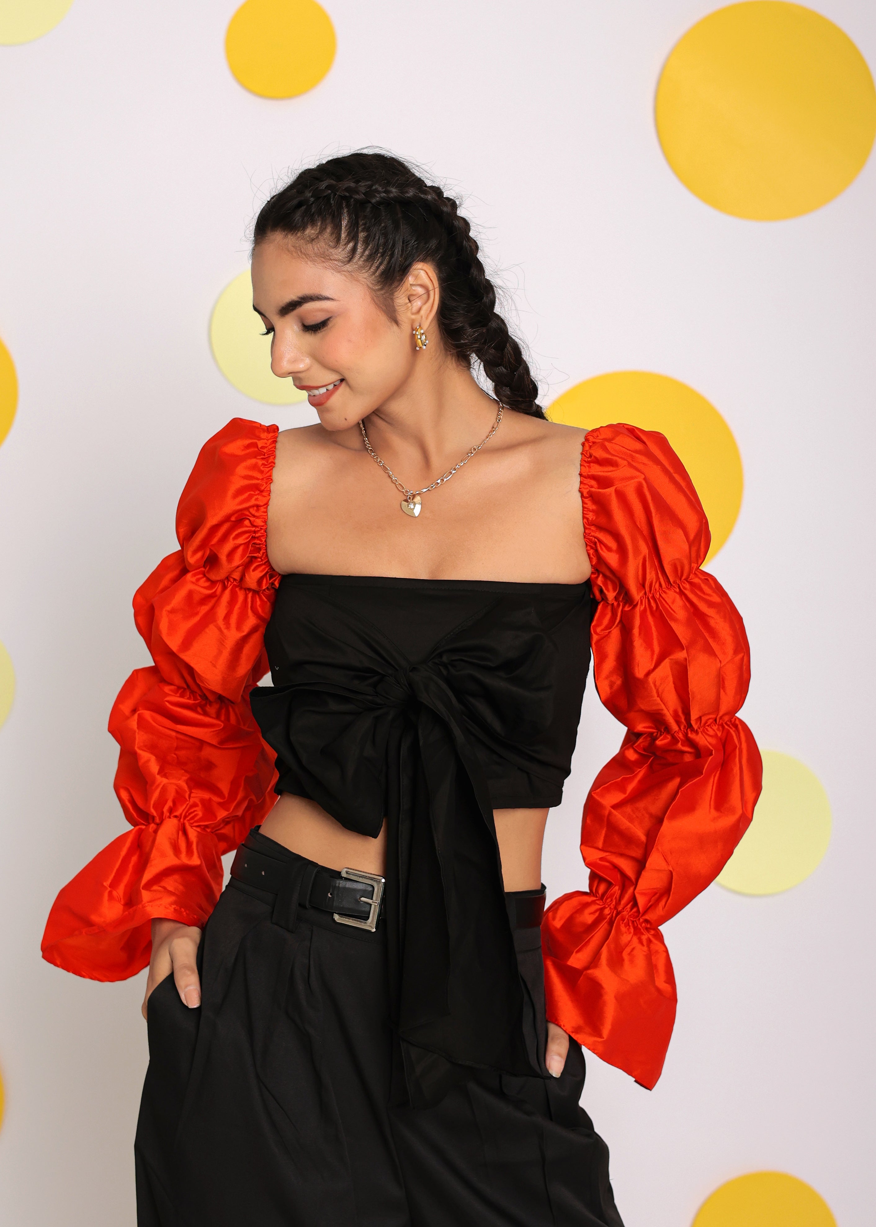 Black and Orange Statement Sleeves Top with Front Tie and Pant Co-ord Set - Kaoribyshreya