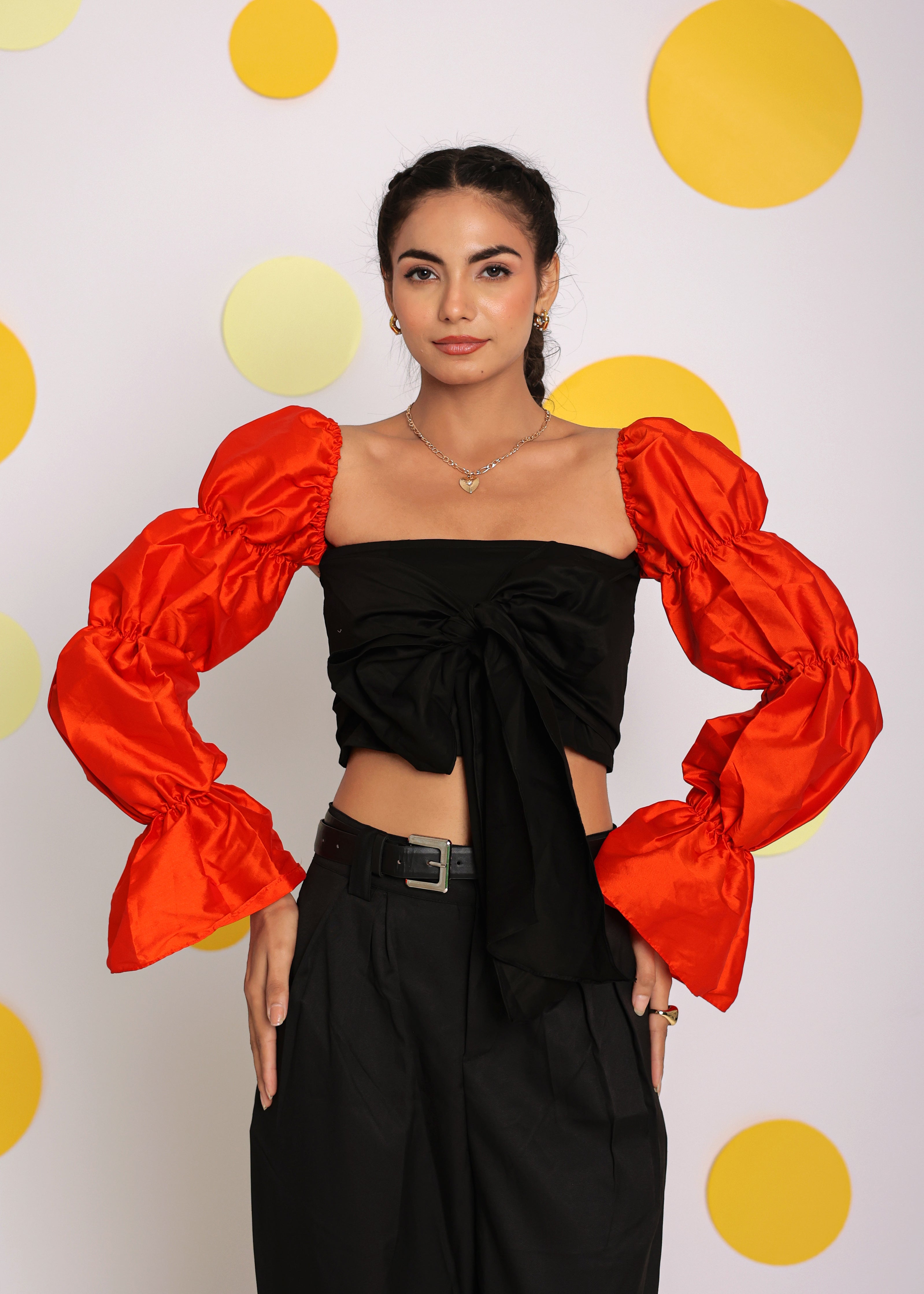 Black and Orange Statement Puff Sleeves Top with Front Tie Crop Top - Kaoribyshreya