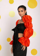 Black and Orange Statement Puff Sleeves Top with Front Tie Crop Top - Kaoribyshreya