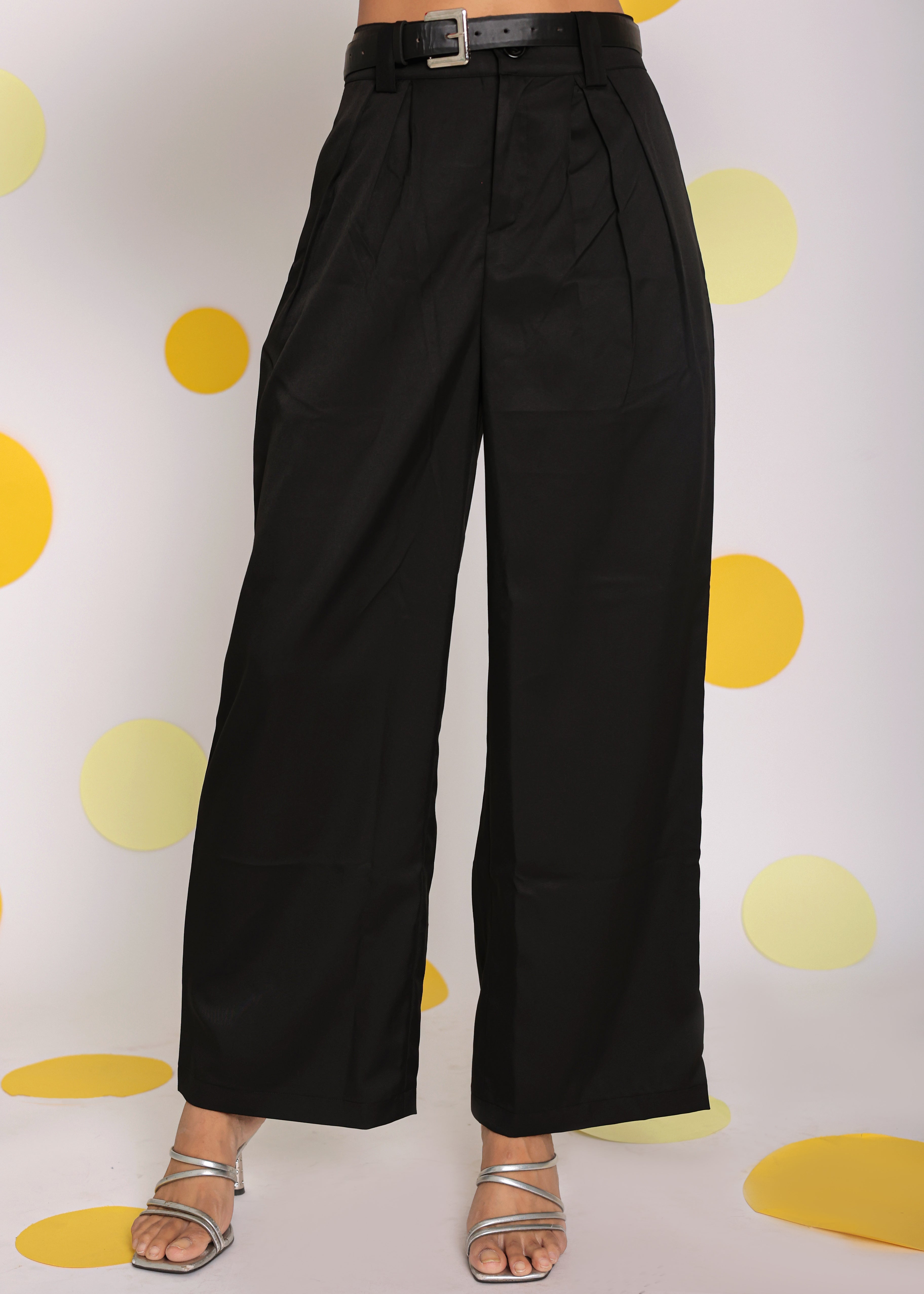 Black Lycra Twill Wide Legs High Waist Korean Pant - Kaoribyshreya