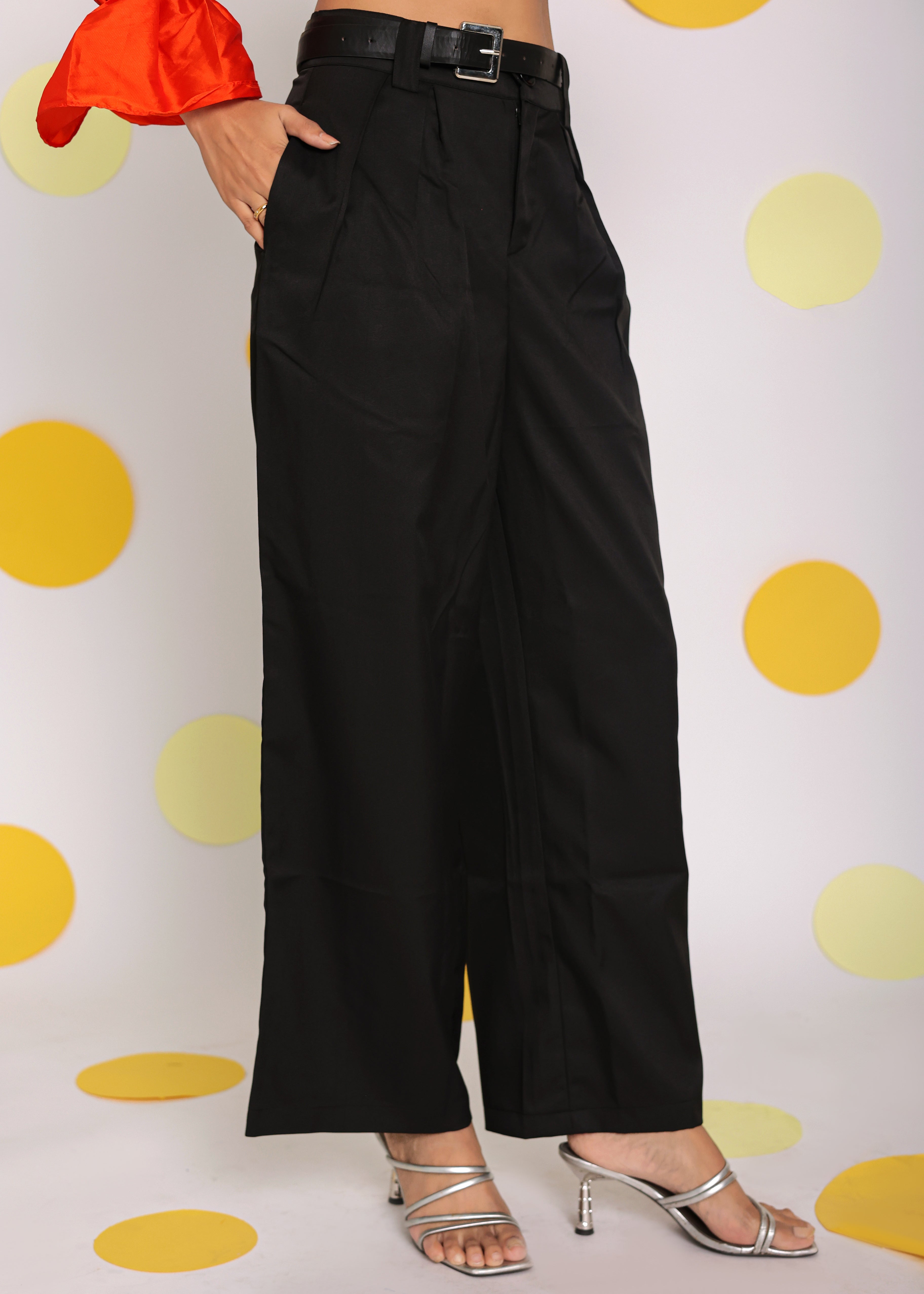 Black and Orange Statement Sleeves Top with Front Tie and Pant Co-ord Set - Kaoribyshreya