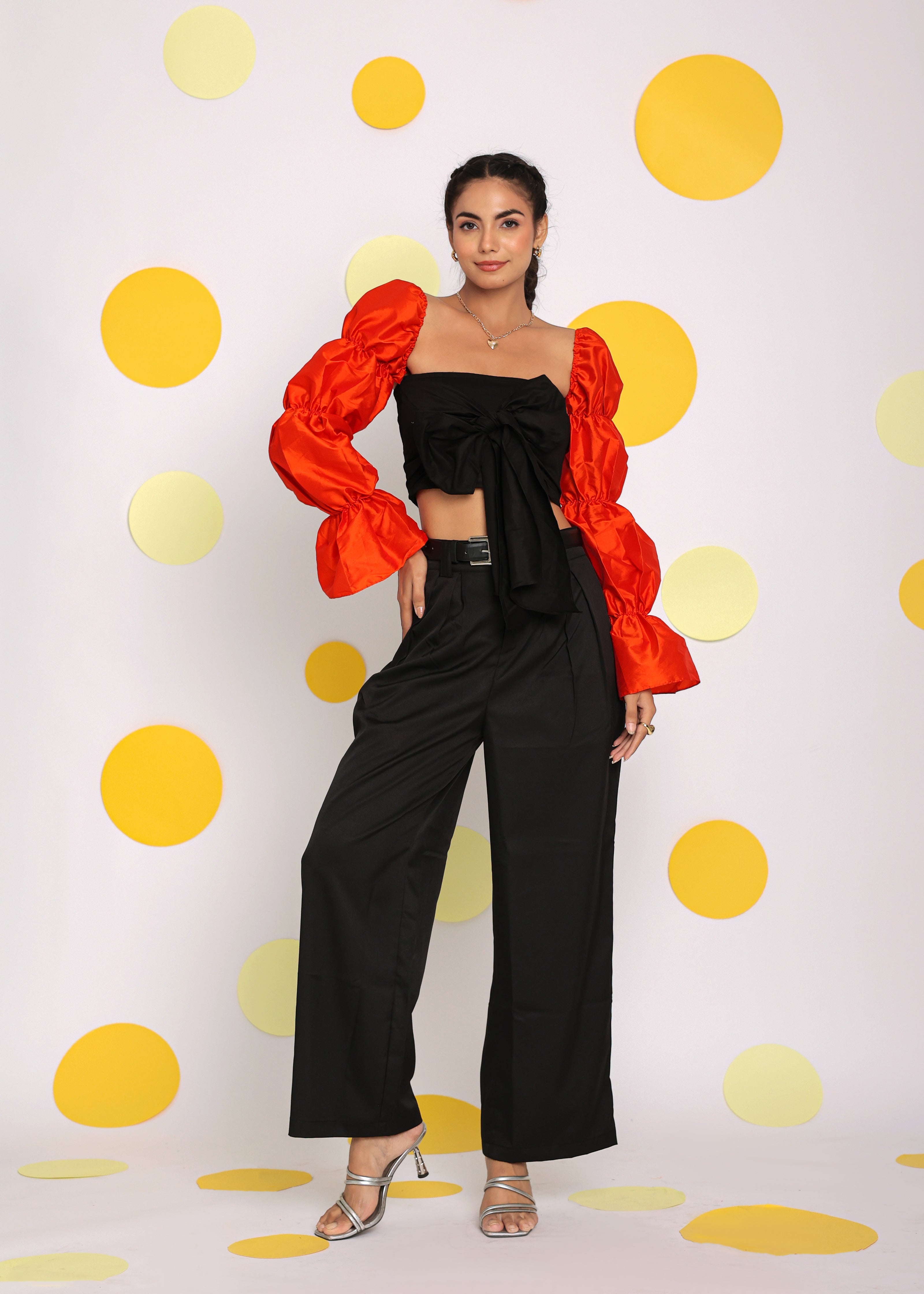 Black and Orange Statement Sleeves Top with Front Tie and Pant Co-ord Set - Kaoribyshreya