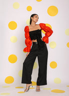 Black and Orange Statement Sleeves Top with Front Tie and Pant Co-ord Set - Kaoribyshreya