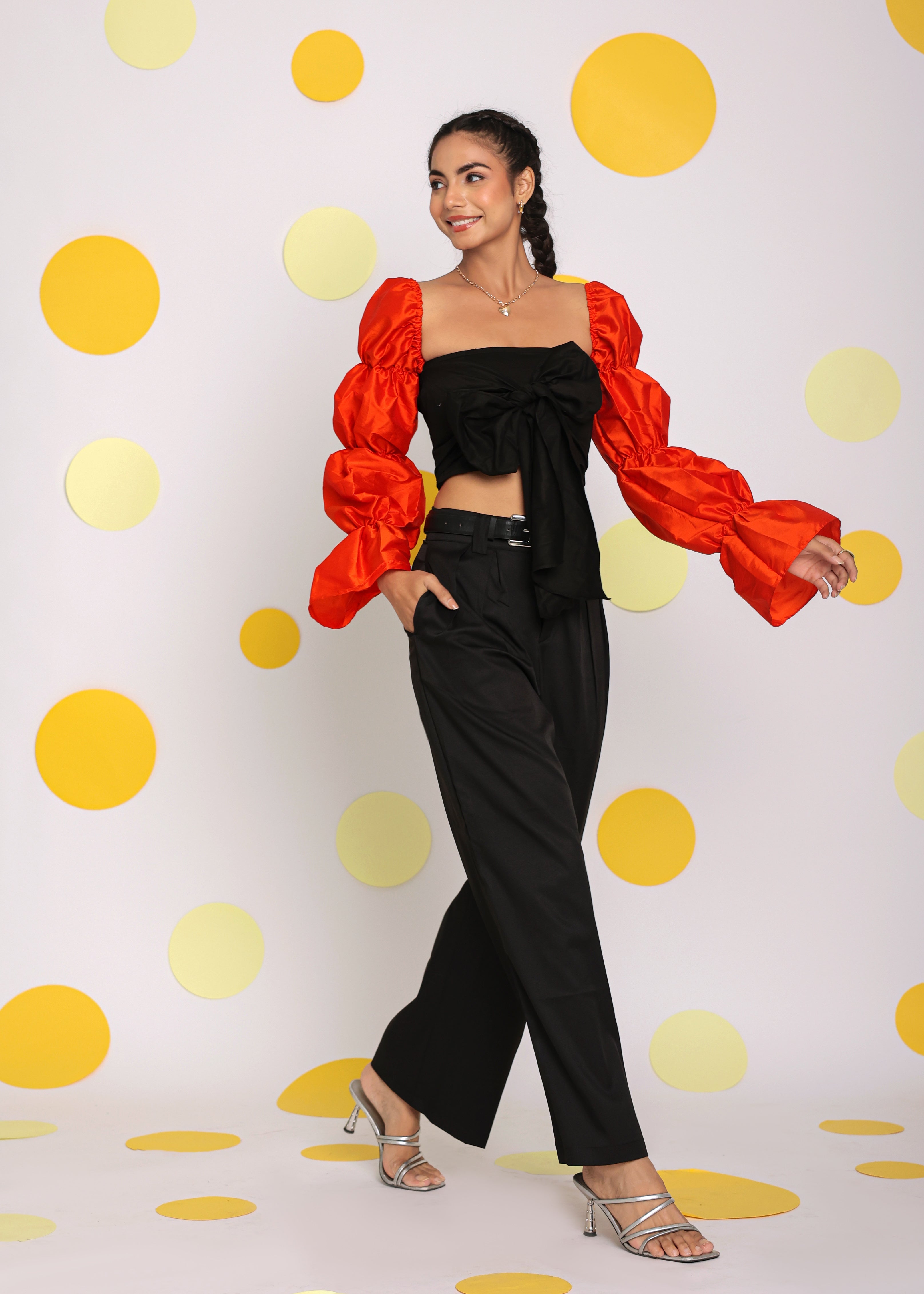 Black and Orange Statement Sleeves Top with Front Tie and Pant Co-ord Set - Kaoribyshreya