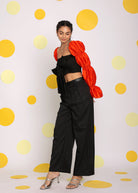 Black and Orange Statement Sleeves Top with Front Tie and Pant Co-ord Set - Kaoribyshreya