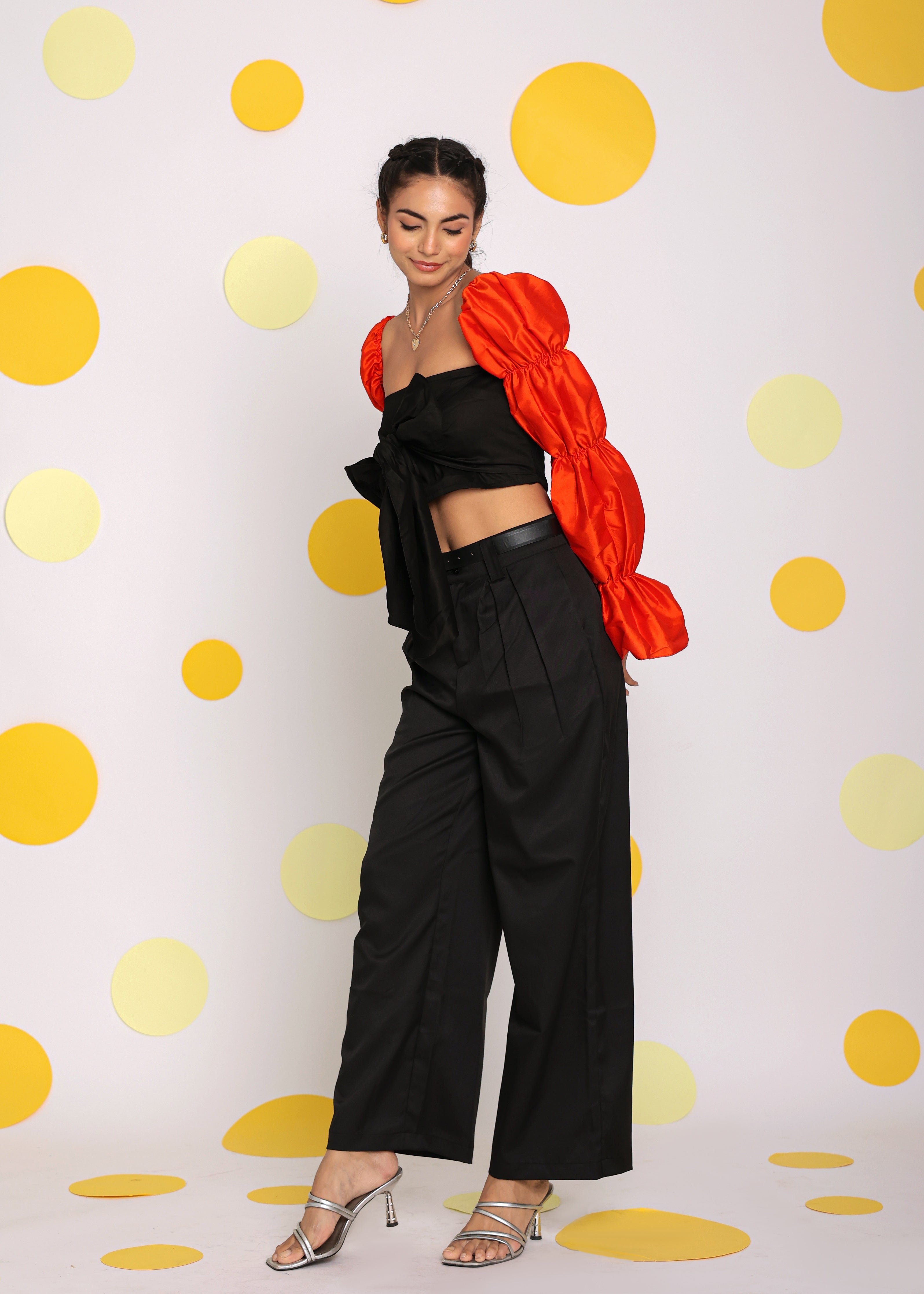Black and Orange Statement Sleeves Top with Front Tie and Pant Co-ord Set - Kaoribyshreya