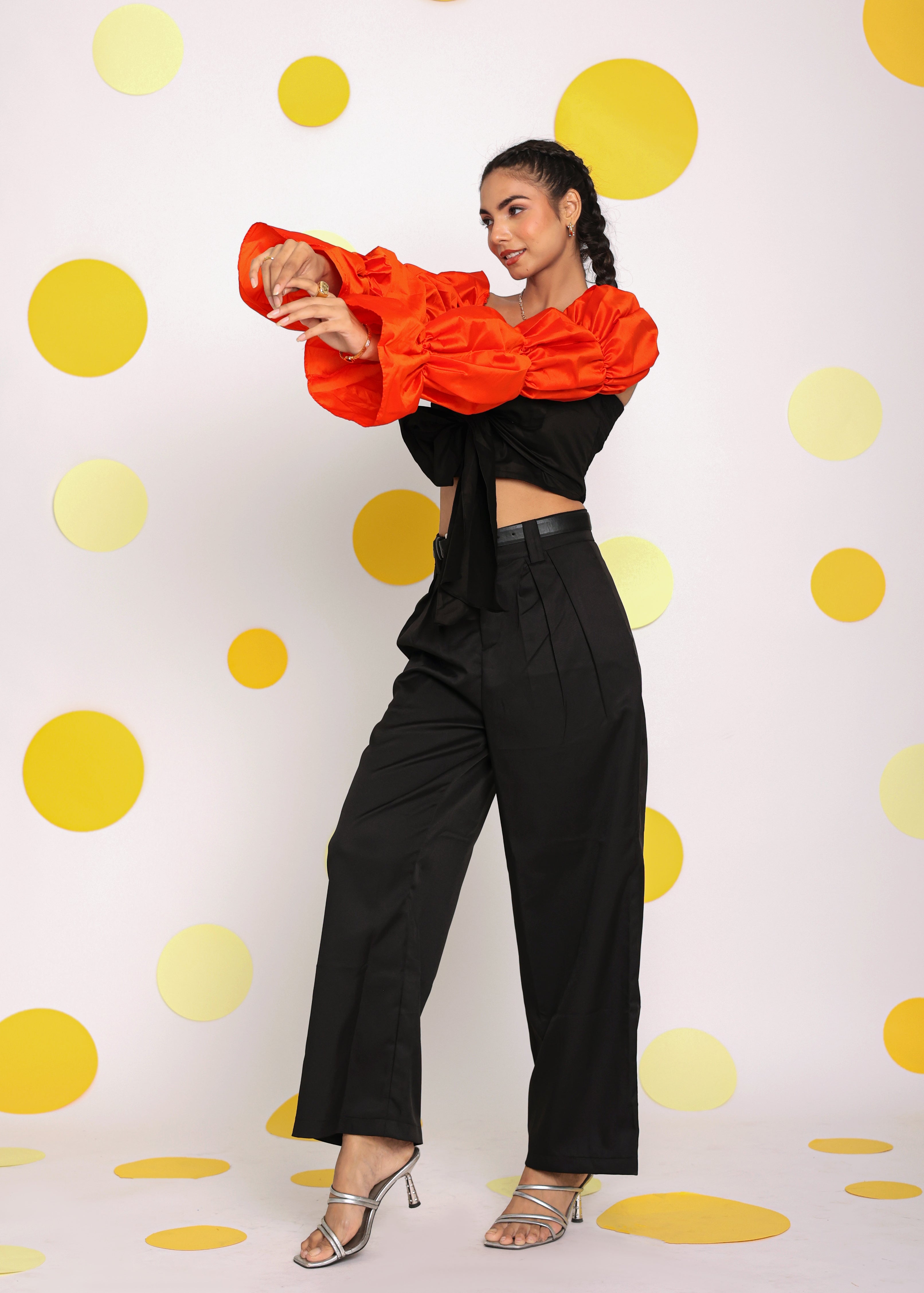 Black and Orange Statement Sleeves Top with Front Tie and Pant Co-ord Set - Kaoribyshreya