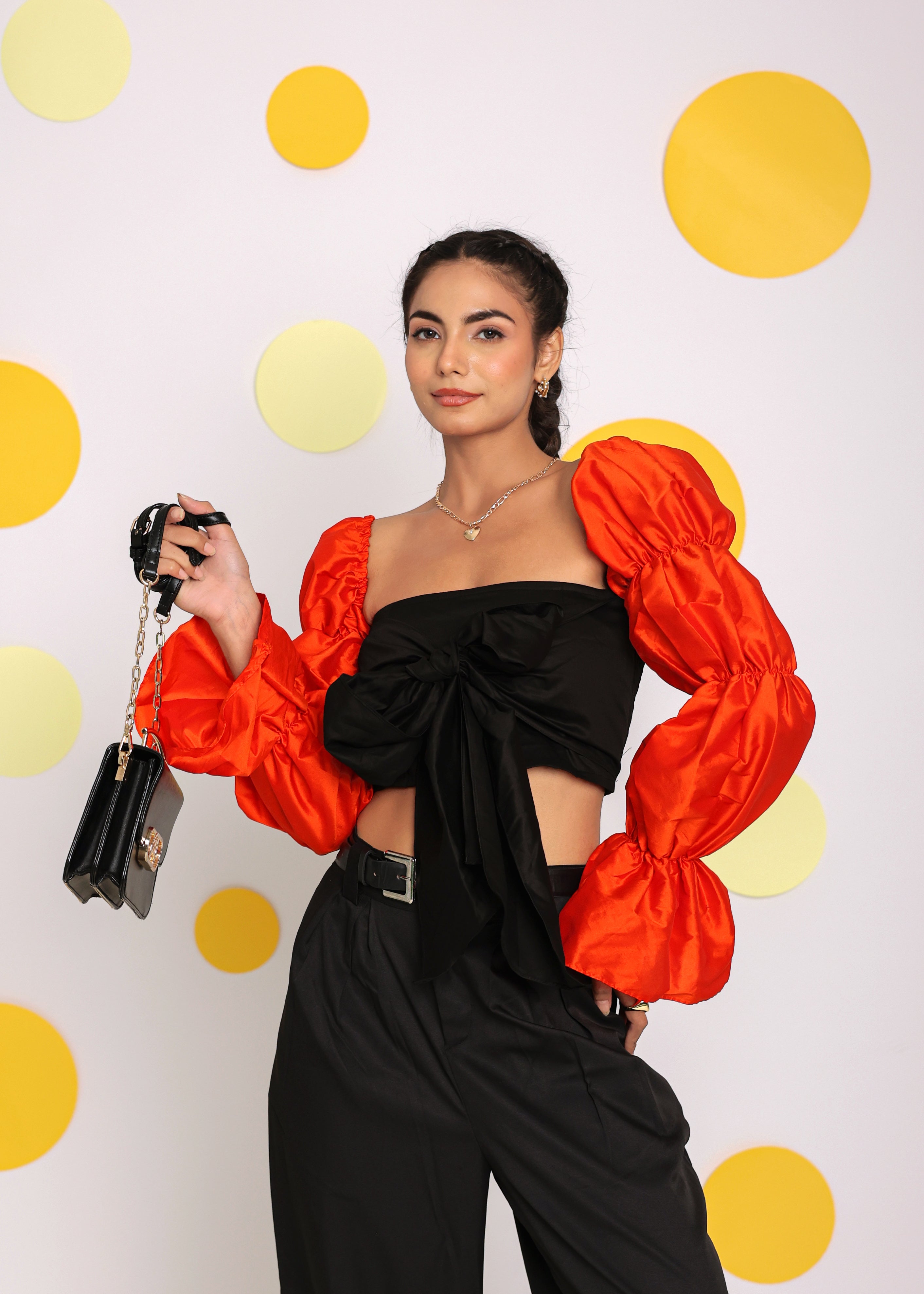 Black and Orange Statement Sleeves Top with Front Tie and Pant Co-ord Set - Kaoribyshreya