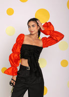 Black and Orange Statement Sleeves Top with Front Tie and Pant Co-ord Set - Kaoribyshreya