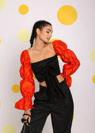 Black and Orange Statement Sleeves Top with Front Tie and Pant Co-ord Set - Kaoribyshreya