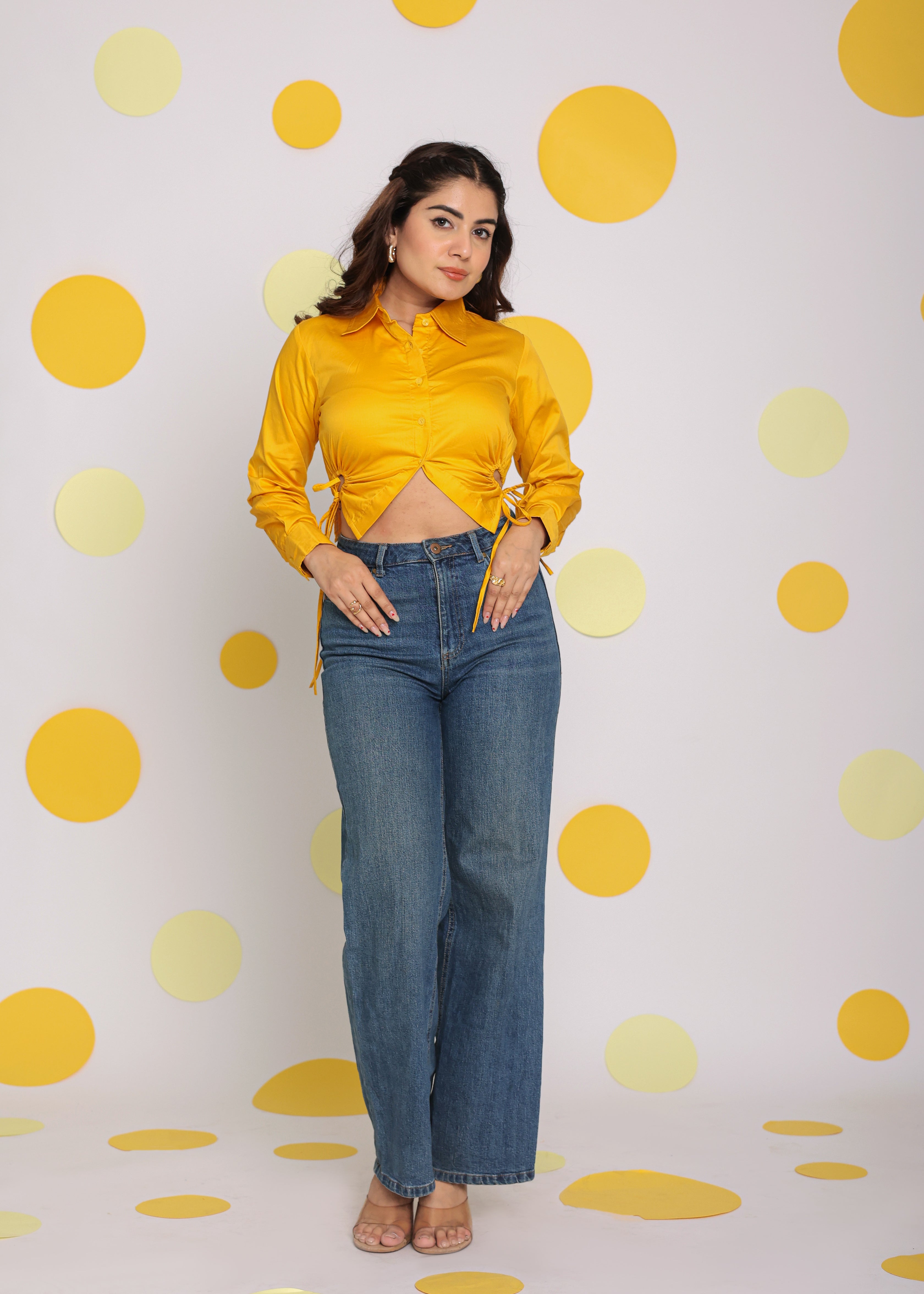 Solid Yellow Full Sleeve Collared Side Cut Out 100% Cotton Crop Shirt - Kaoribyshreya