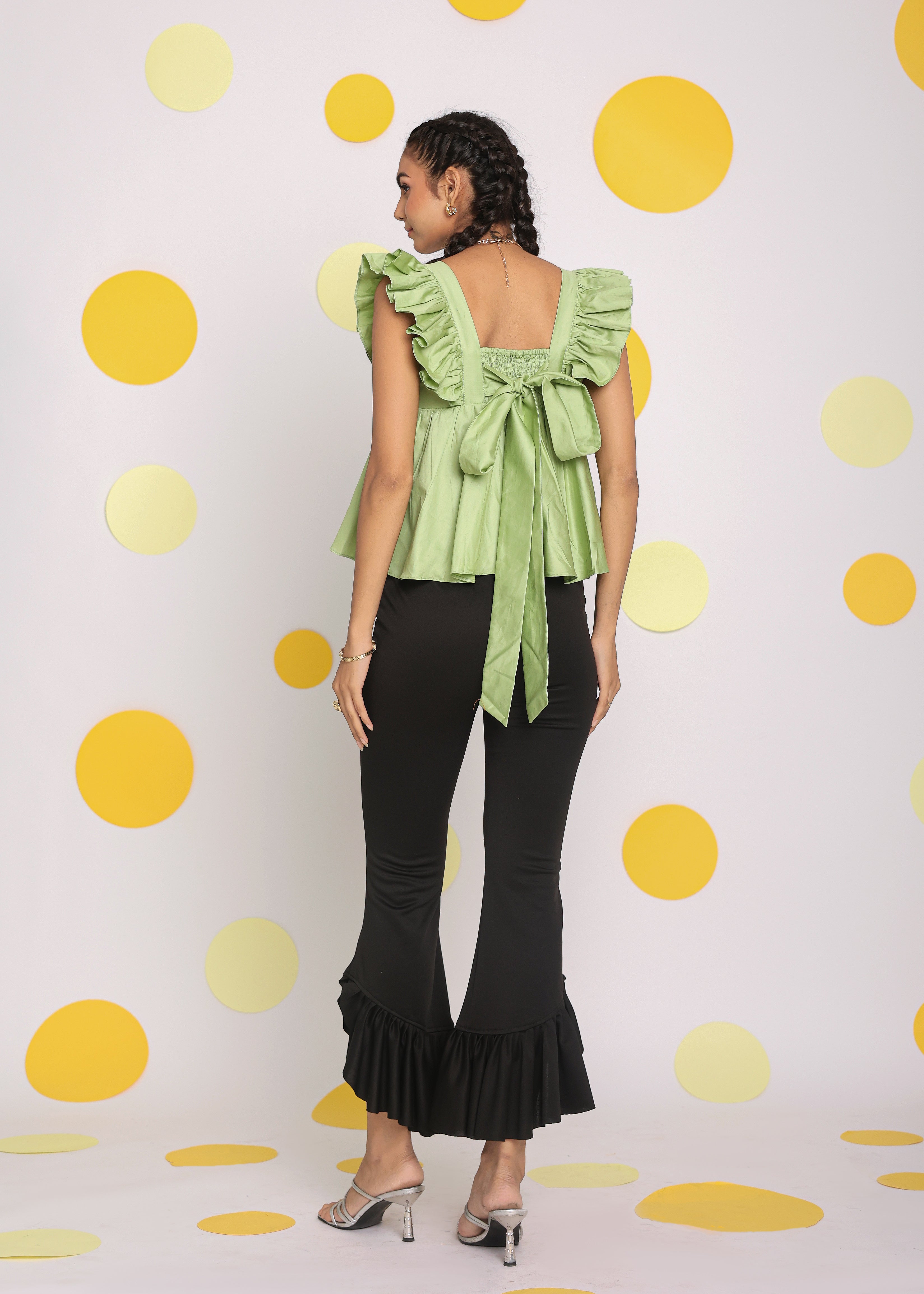 Pistachio Green Solid Bust Fitted Short Frill Sleeve 100% Cotton Short Top with Back Tie Knot - Kaoribyshreya