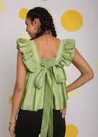 Pistachio Green Solid Bust Fitted Short Frill Sleeve 100% Cotton Short Top with Back Tie Knot - Kaoribyshreya