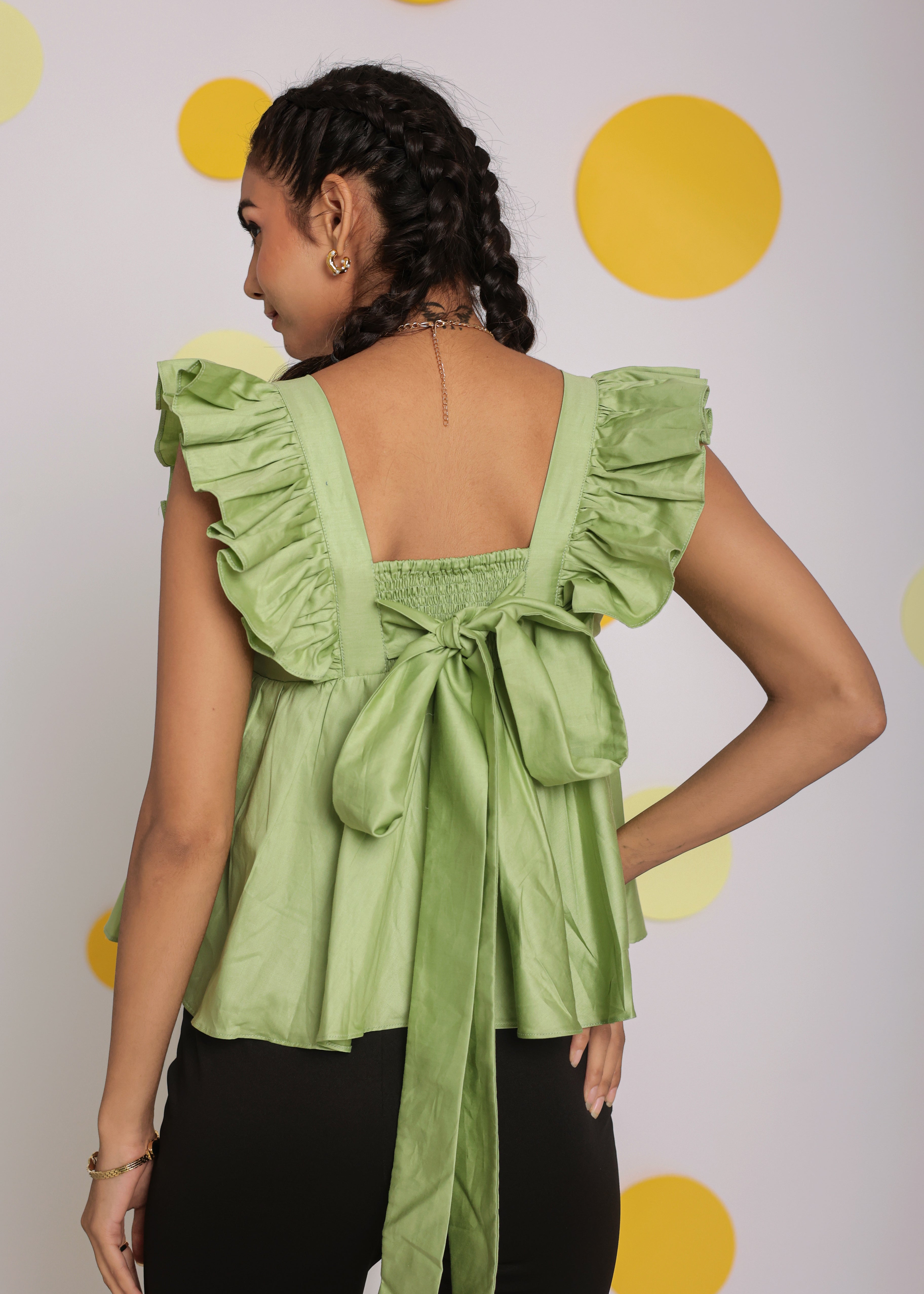 Pistachio Green Solid Bust Fitted Short Frill Sleeve 100% Cotton Short Top with Back Tie Knot - Kaoribyshreya