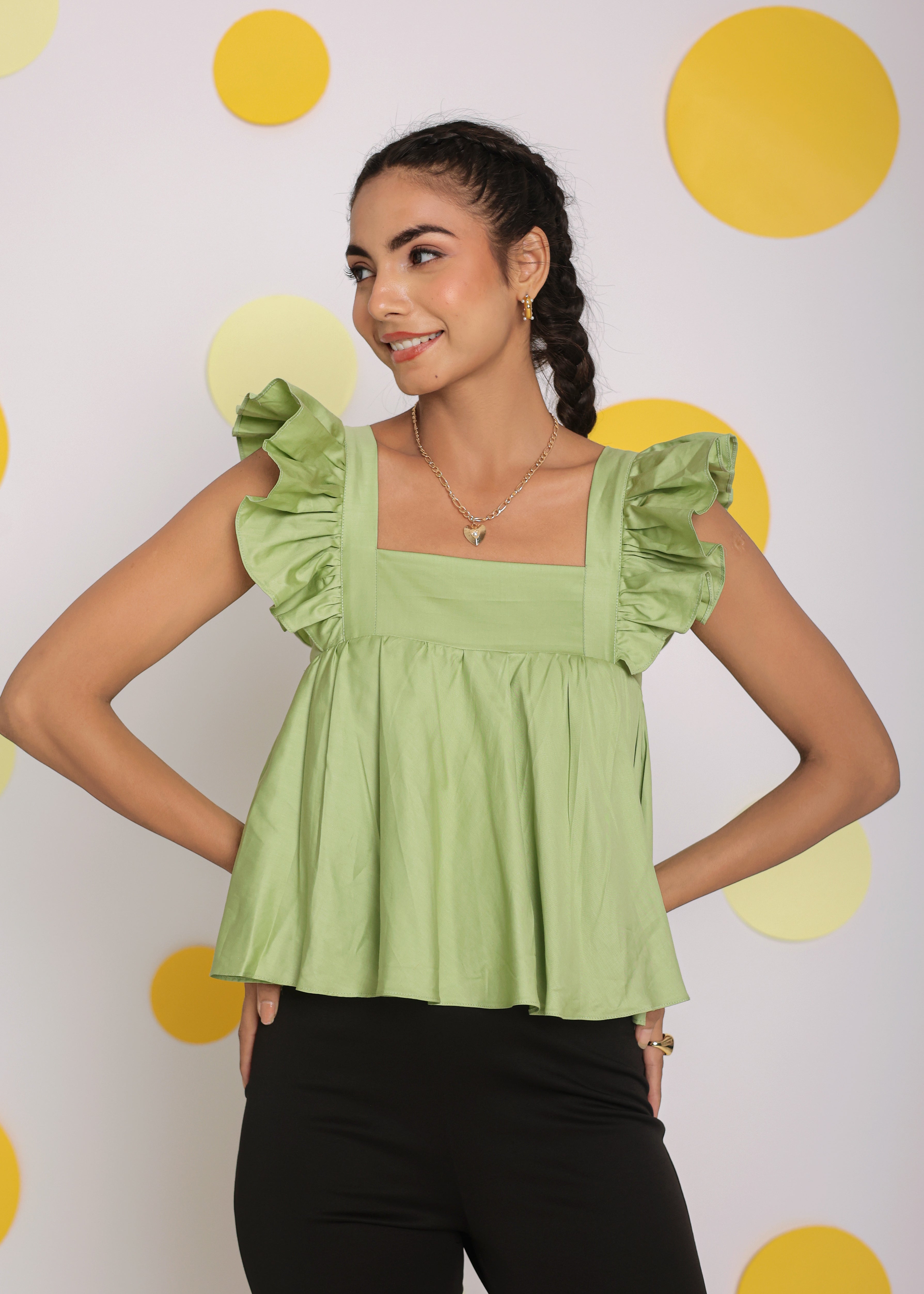 Pistachio Green Solid Bust Fitted Short Frill Sleeve 100% Cotton Short Top with Back Tie Knot - Kaoribyshreya