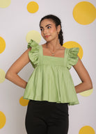 Pistachio Green Solid Bust Fitted Short Frill Sleeve 100% Cotton Short Top with Back Tie Knot - Kaoribyshreya