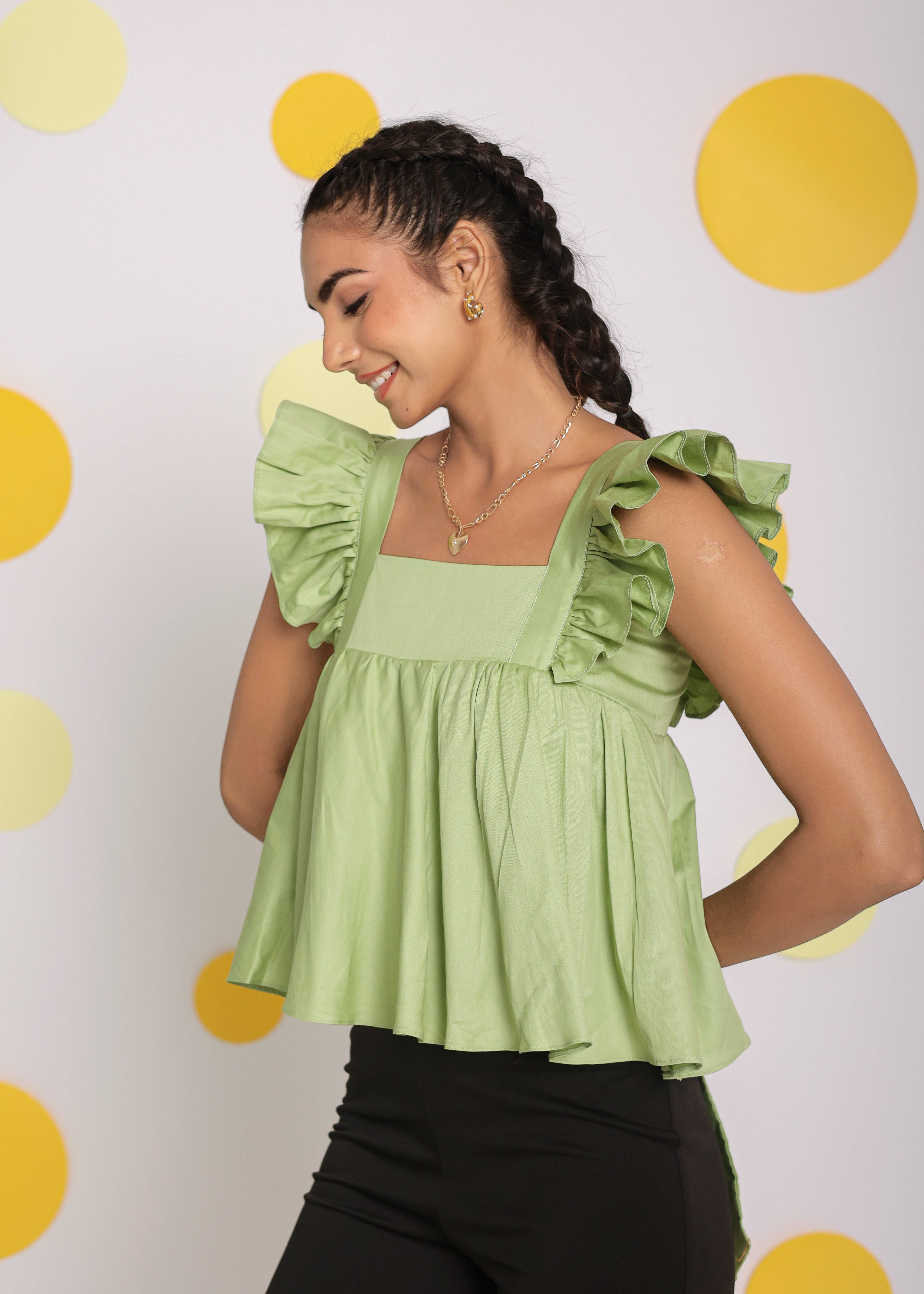 Pistachio Green Solid Bust Fitted Short Frill Sleeve 100% Cotton Short Top with Back Tie Knot - Kaoribyshreya