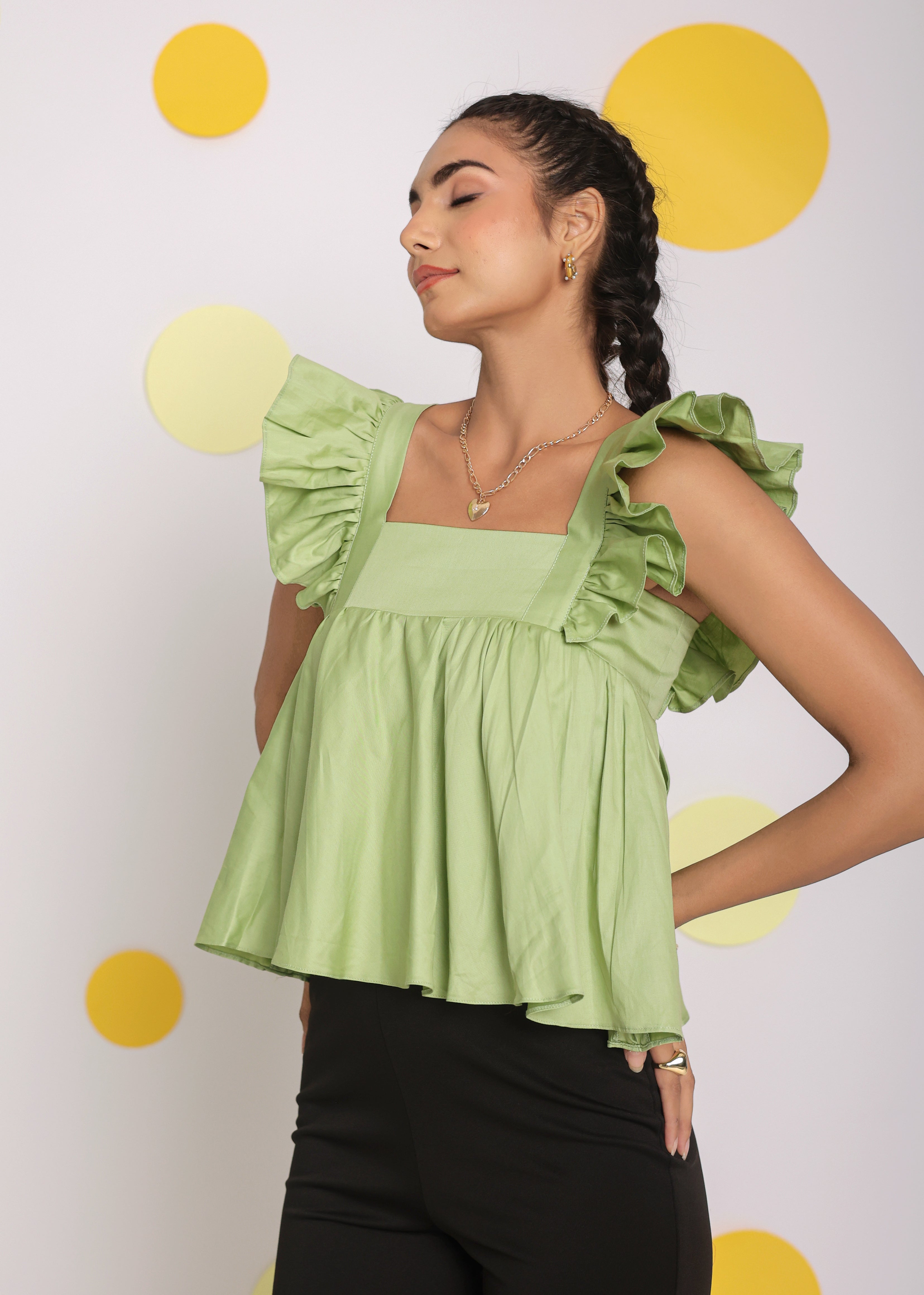 Pistachio Green Solid Bust Fitted Short Frill Sleeve 100% Cotton Short Top with Back Tie Knot - Kaoribyshreya