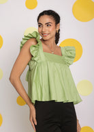 Pistachio Green Solid Bust Fitted Short Frill Sleeve 100% Cotton Short Top with Back Tie Knot - Kaoribyshreya