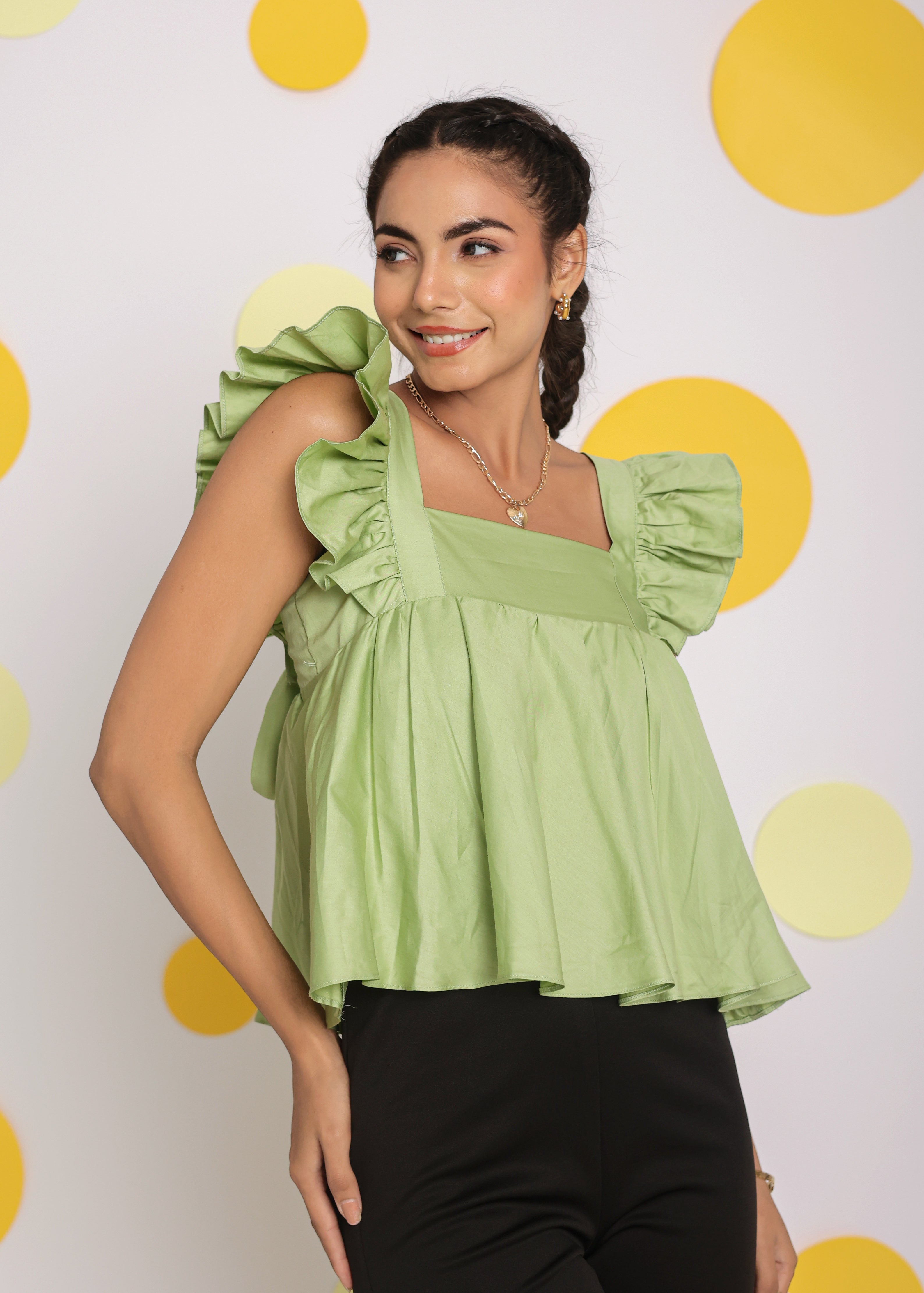 Pistachio Green Solid Bust Fitted Short Frill Sleeve 100% Cotton Short Top with Back Tie Knot - Kaoribyshreya