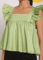 Pistachio Green Solid Bust Fitted Short Frill Sleeve 100% Cotton Short Top with Back Tie Knot - Kaoribyshreya