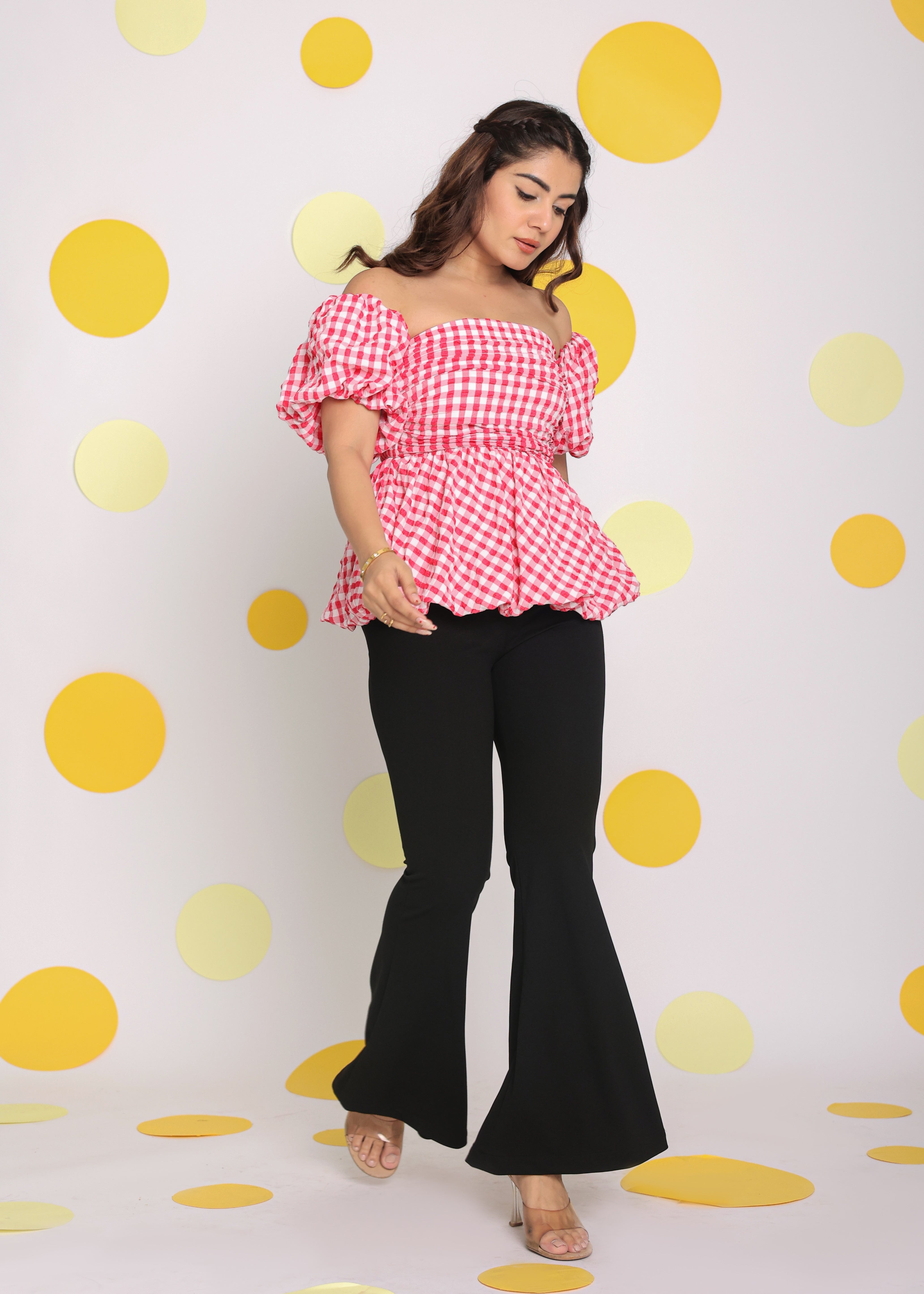 White and Pink Bubble 3 Way Styling Bust Fitted Top with Detachable Short Balloon Sleeves - Kaoribyshreya