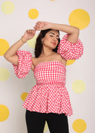 White and Pink Bubble 3 Way Styling Bust Fitted Top with Detachable Short Balloon Sleeves - Kaoribyshreya