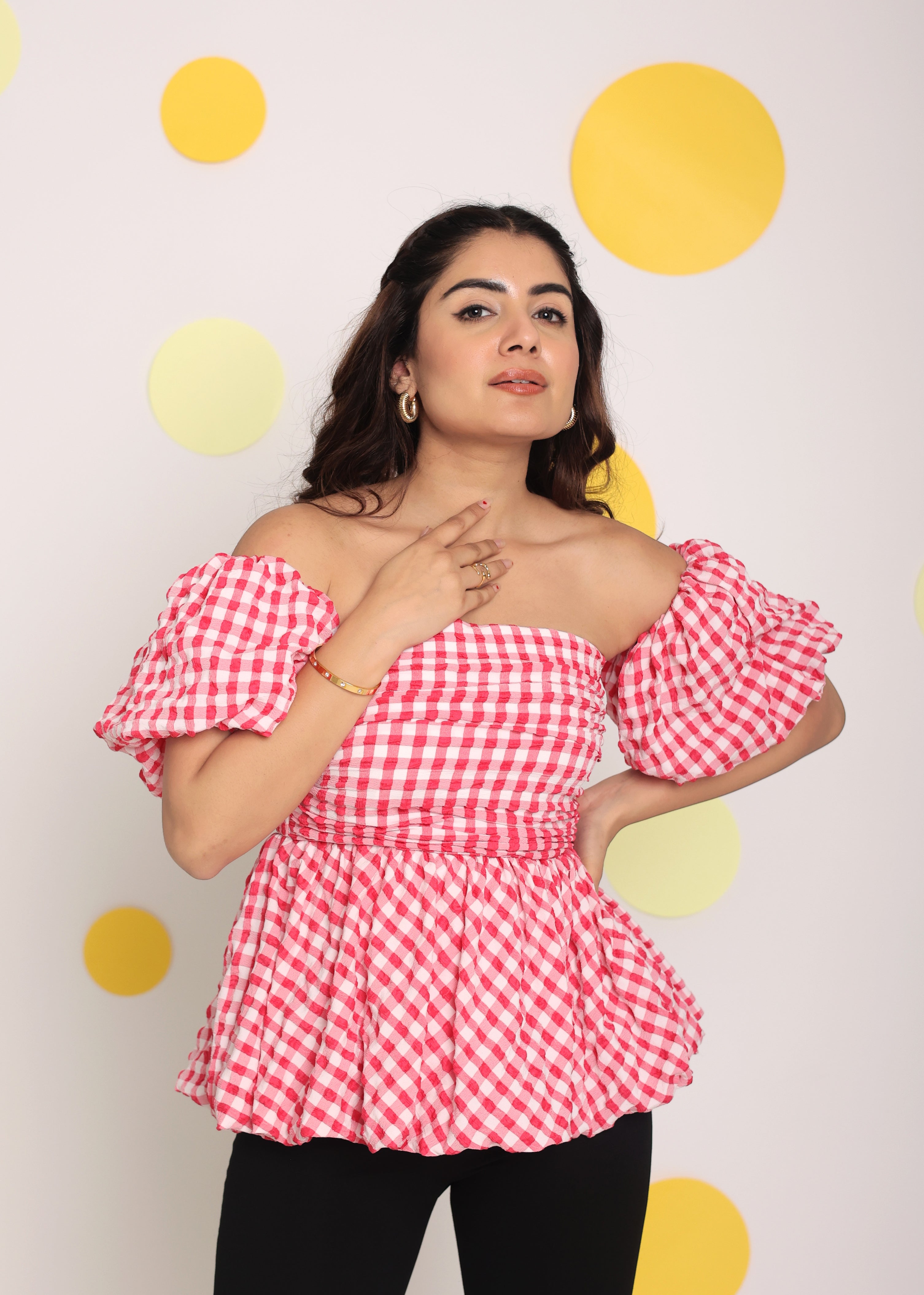White and Pink Bubble 3 Way Styling Bust Fitted Top with Detachable Short Balloon Sleeves - Kaoribyshreya