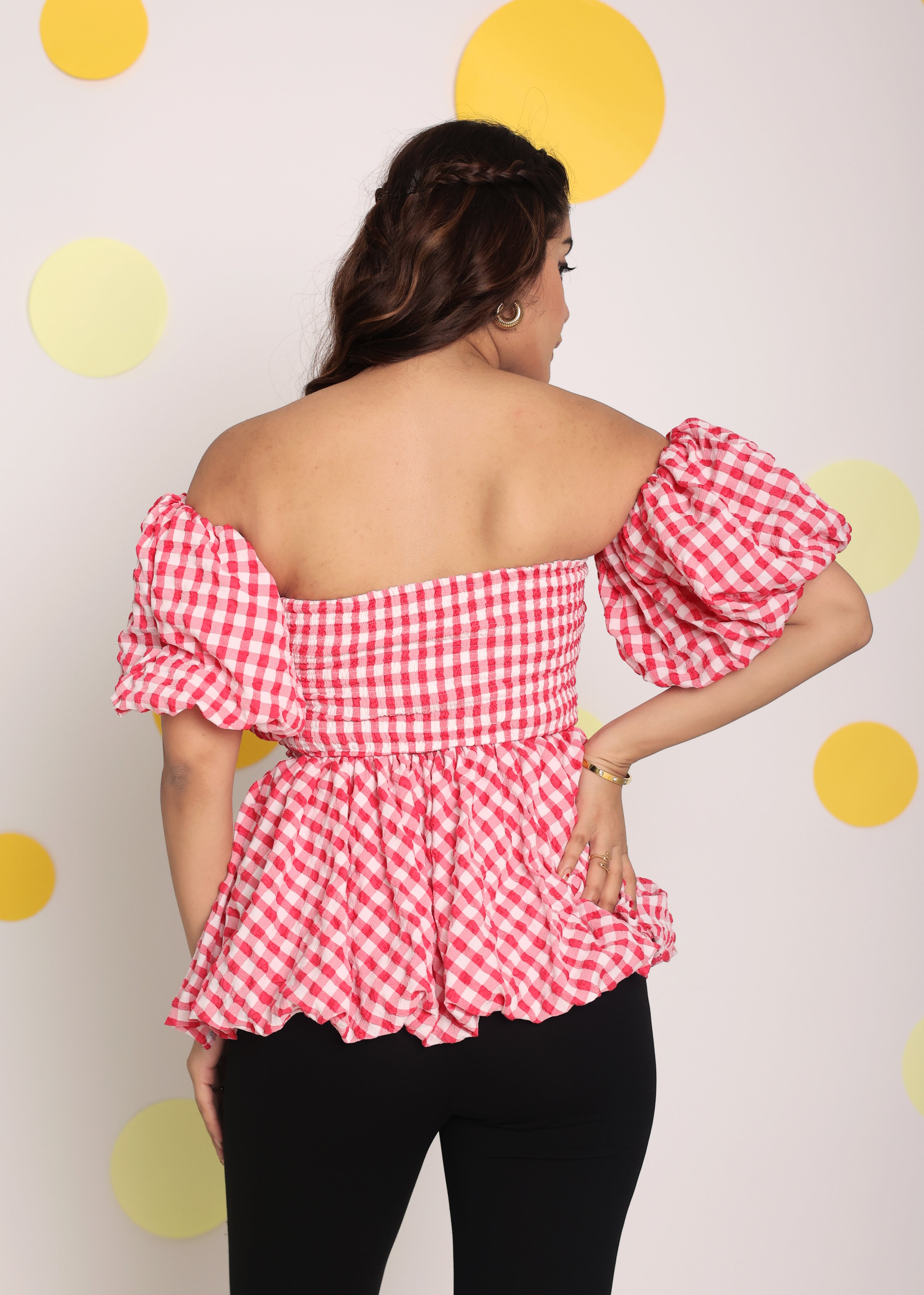 White and Pink Bubble 3 Way Styling Bust Fitted Top with Detachable Short Balloon Sleeves - Kaoribyshreya