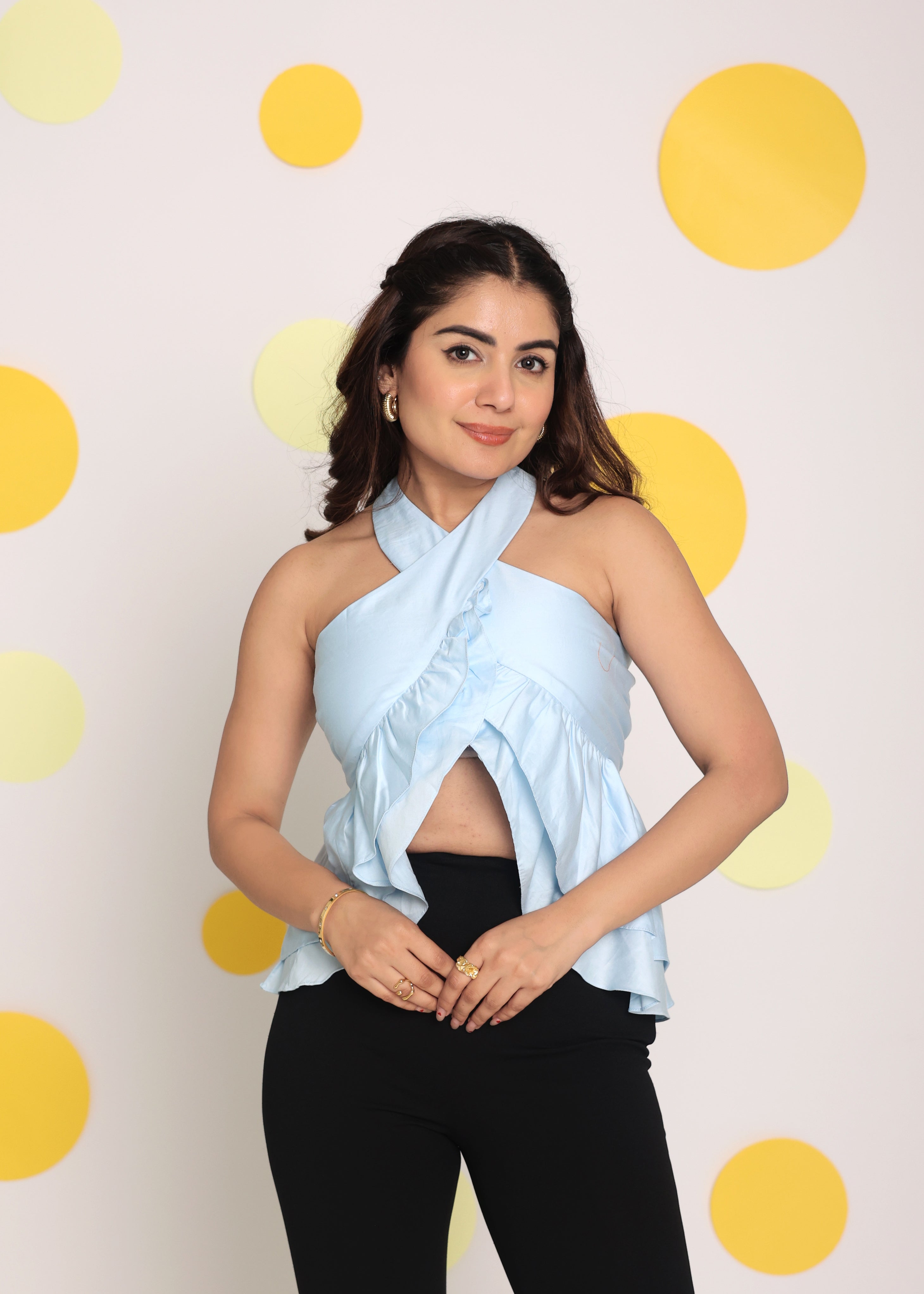 Solid Ice Blue Halter Neck Party Wear 100% Cotton Frilled Crop Top - Kaoribyshreya