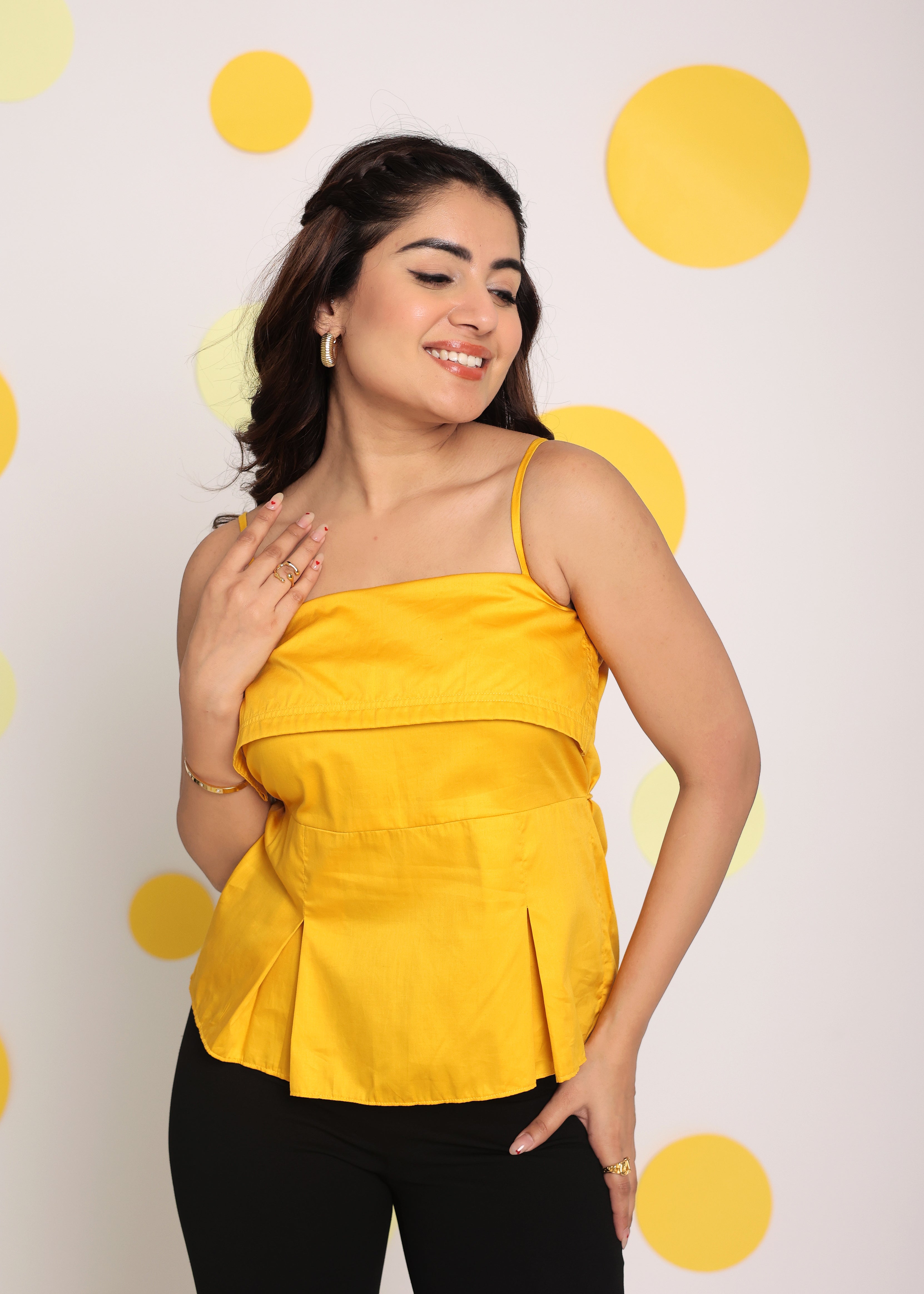 Solid Yellow Bust Fitted Party Wear 100% Cotton Tunic Short Tops - Kaoribyshreya