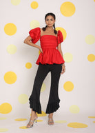 Red 3 Way Styling Bust Fitted Top with Detachable Short Balloon Sleeves - Kaoribyshreya