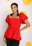 Red 3 Way Styling Bust Fitted Top with Detachable Short Balloon Sleeves - Kaoribyshreya