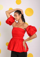 Red 3 Way Styling Bust Fitted Top with Detachable Short Balloon Sleeves - Kaoribyshreya