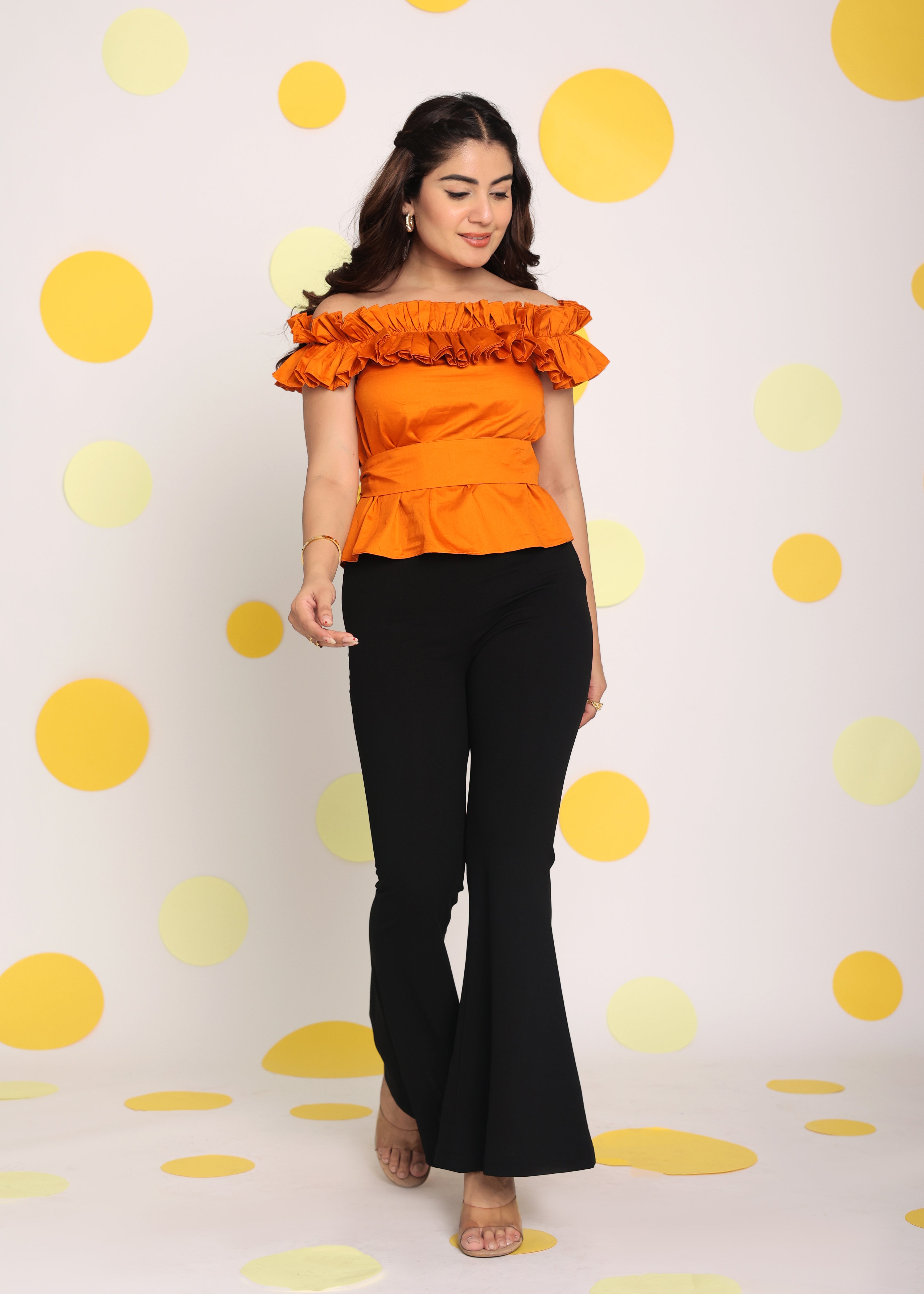 Rust Orange Frill Off Shoulder Bust Fitted 100% Cotton Tunic Short Top - Kaoribyshreya