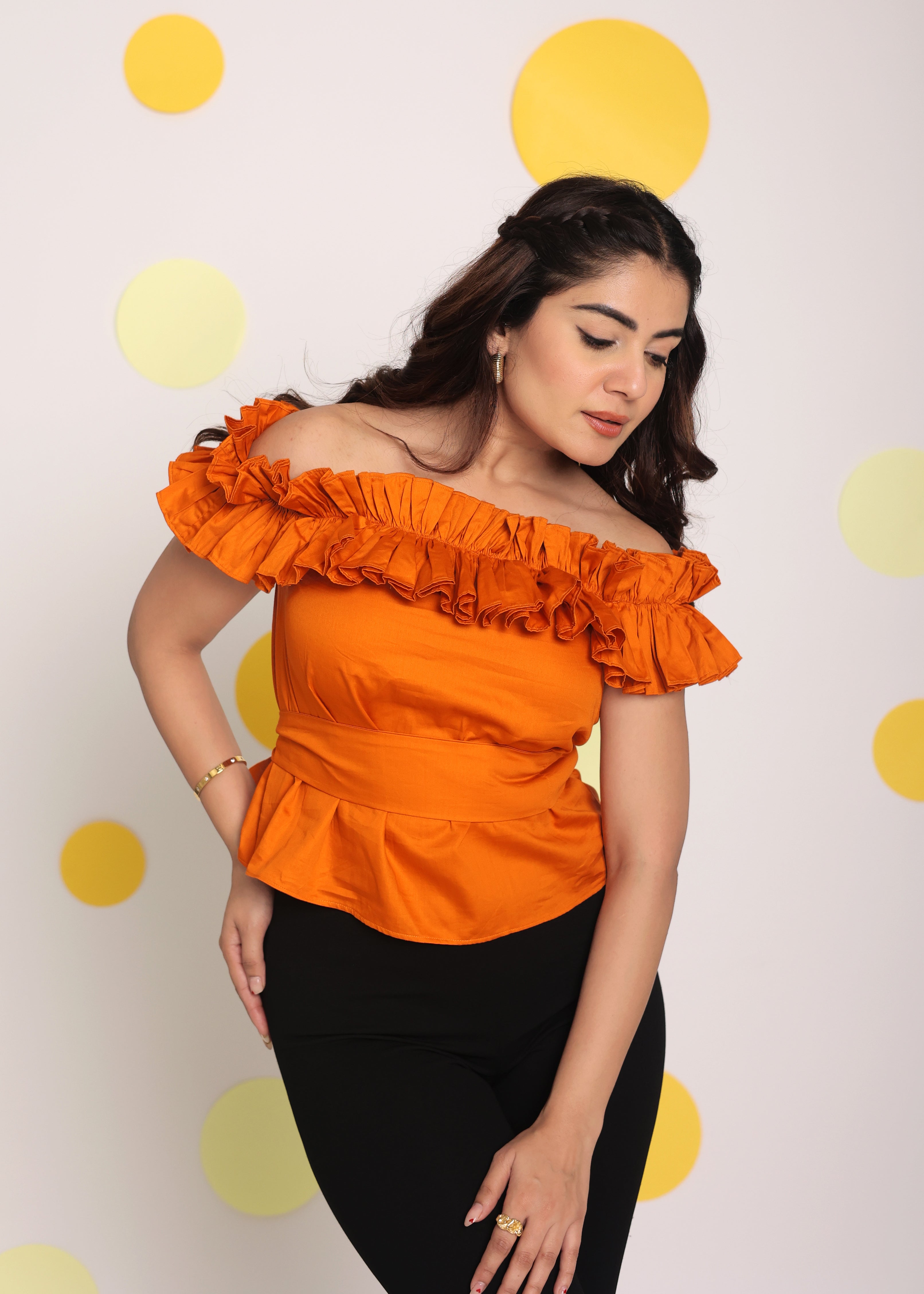 Rust Orange Frill Off Shoulder Bust Fitted 100% Cotton Tunic Short Top - Kaoribyshreya