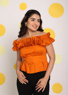 Rust Orange Frill Off Shoulder Bust Fitted 100% Cotton Tunic Short Top - Kaoribyshreya